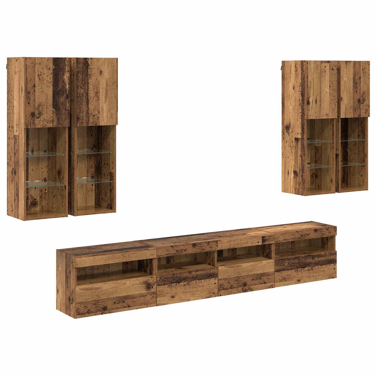 Tv Veggskapsett Med Led-Lamper Veggmontert 7 Pcs Gammelt Tre