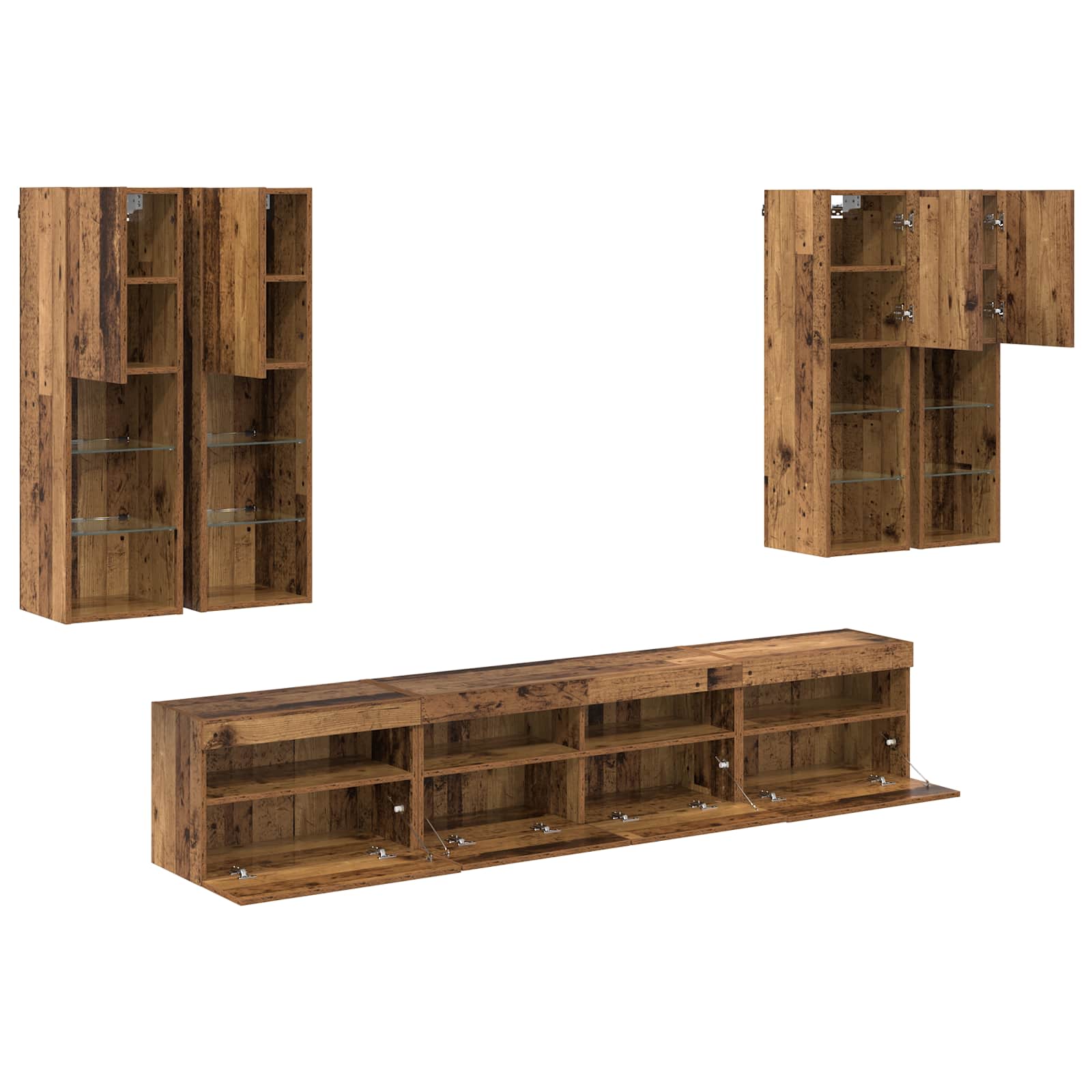 Tv Veggskapsett Med Led-Lamper Veggmontert 7 Pcs Gammelt Tre