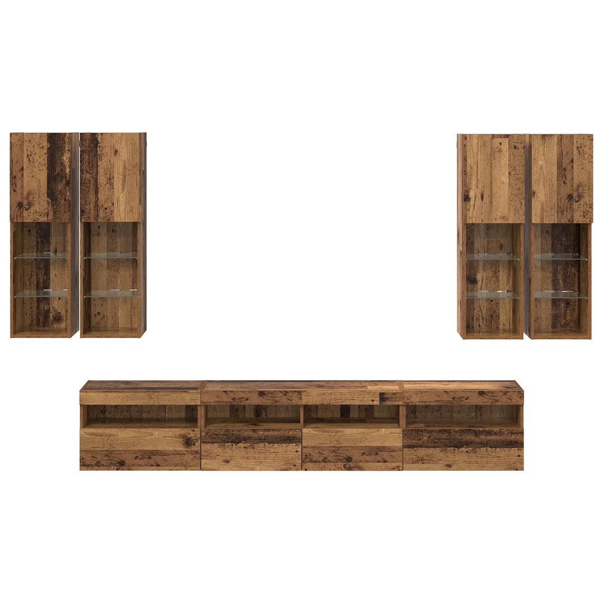 Tv Veggskapsett Med Led-Lamper Veggmontert 7 Pcs Gammelt Tre