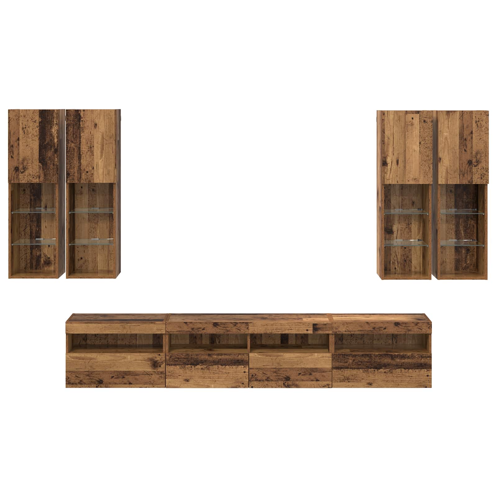 Tv Veggskapsett Med Led-Lamper Veggmontert 7 Pcs Gammelt Tre