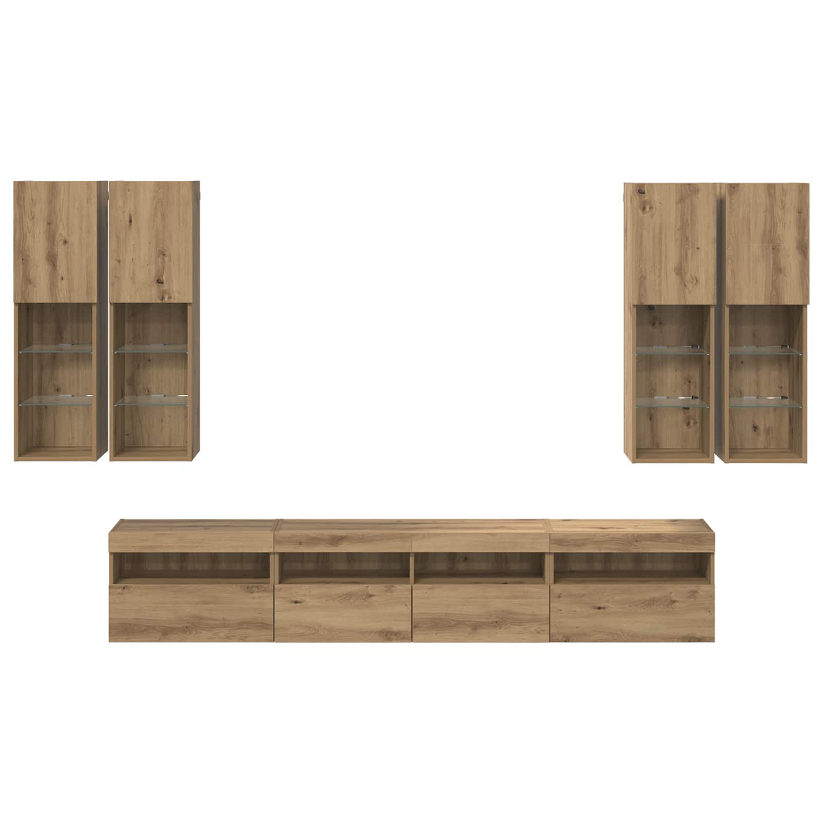 Tv Veggskapsett Med Led-Lamper Veggmontert 7 Pcs Artisan Eik