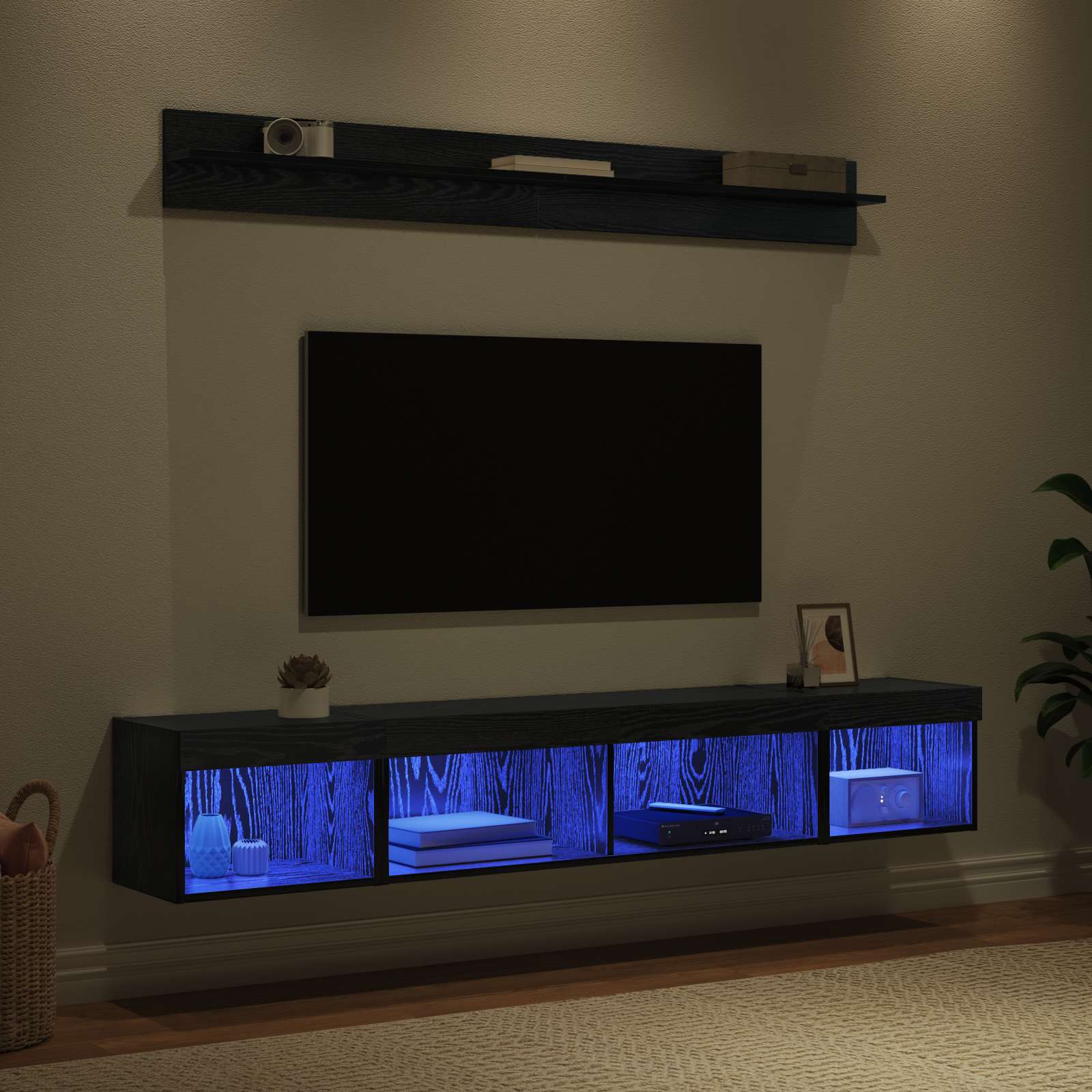 Tv Vegghyllesett Med Led 5 Pcs Svart Eik Konstruert Tre