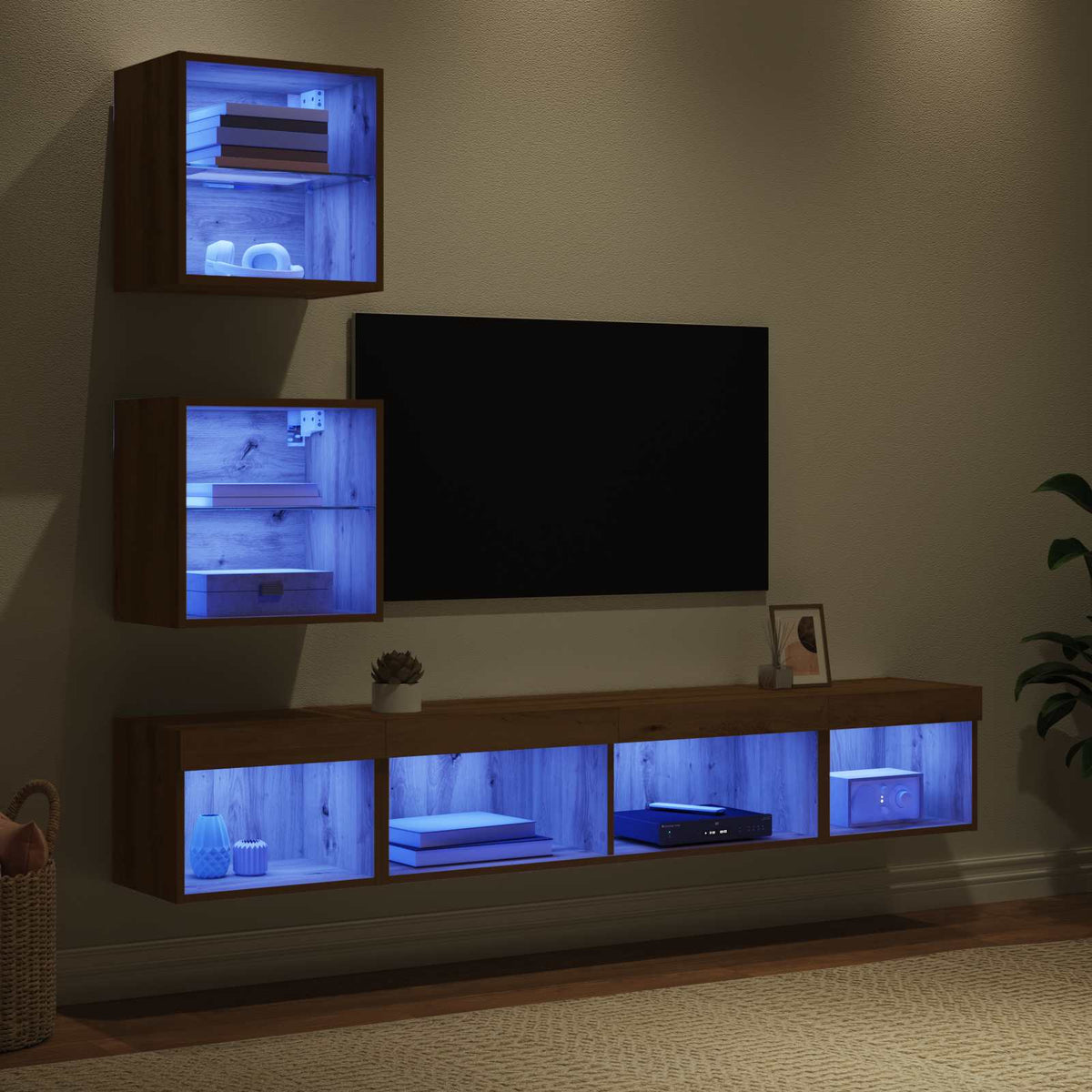 Tv Veggenheter Med Led Med Led 5 Pcs Artisan Eik Konstruert Tre