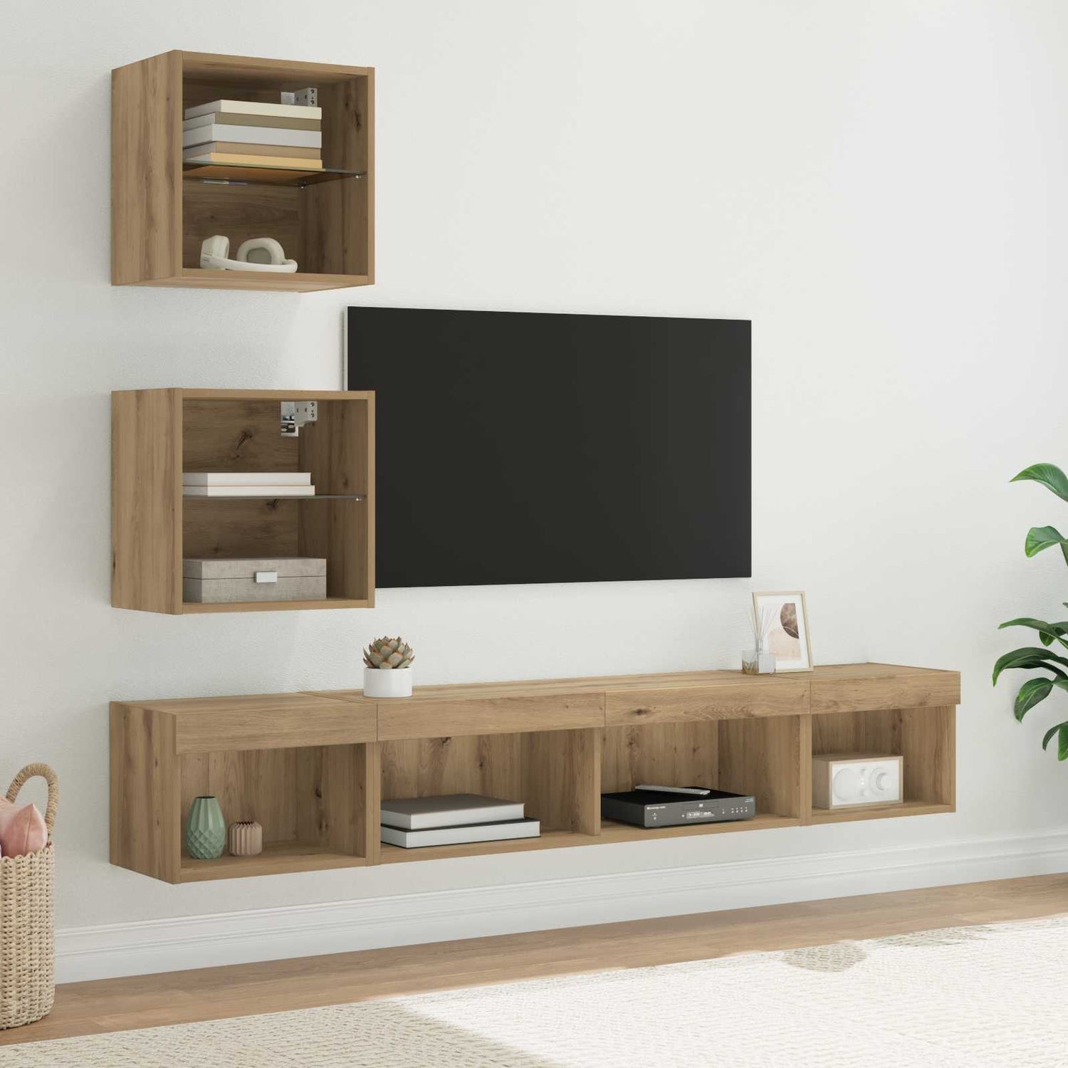 Tv Veggenheter Med Led Med Led 5 Pcs Artisan Eik Konstruert Tre