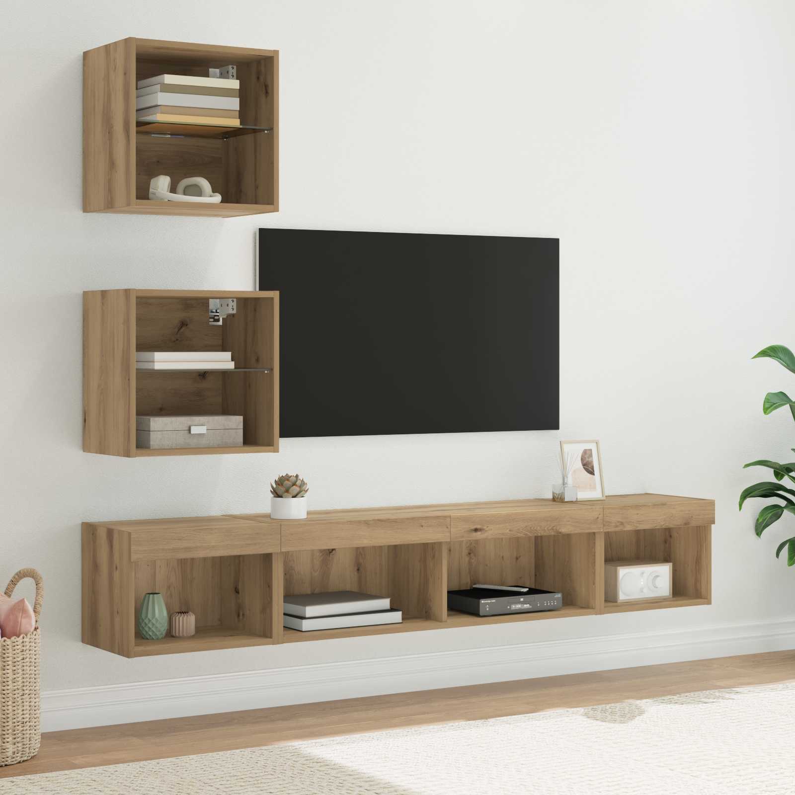 Tv Veggenheter Med Led Med Led 5 Pcs Artisan Eik Konstruert Tre