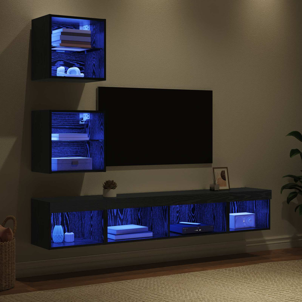 Tv Veggenheter Med Led Med Led 5 Pcs Svart Eik Konstruert Tre