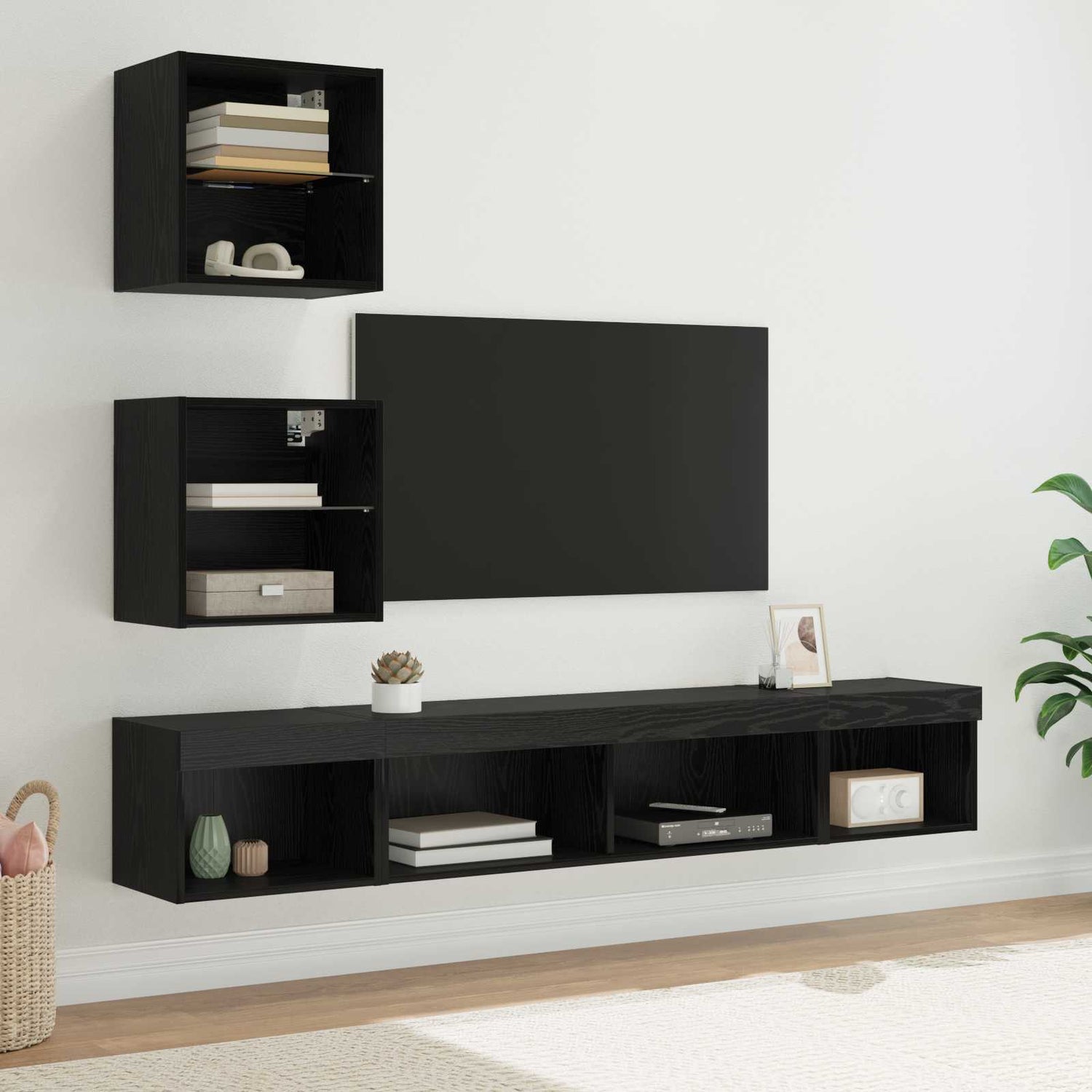 Tv Veggenheter Med Led Med Led 5 Pcs Svart Eik Konstruert Tre