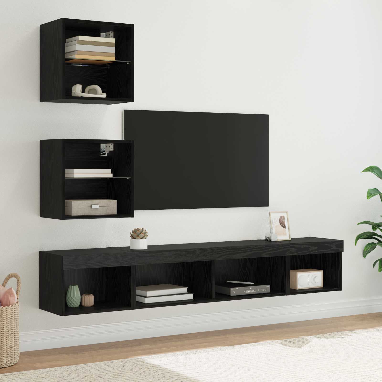 Tv Veggenheter Med Led Med Led 5 Pcs Svart Eik Konstruert Tre