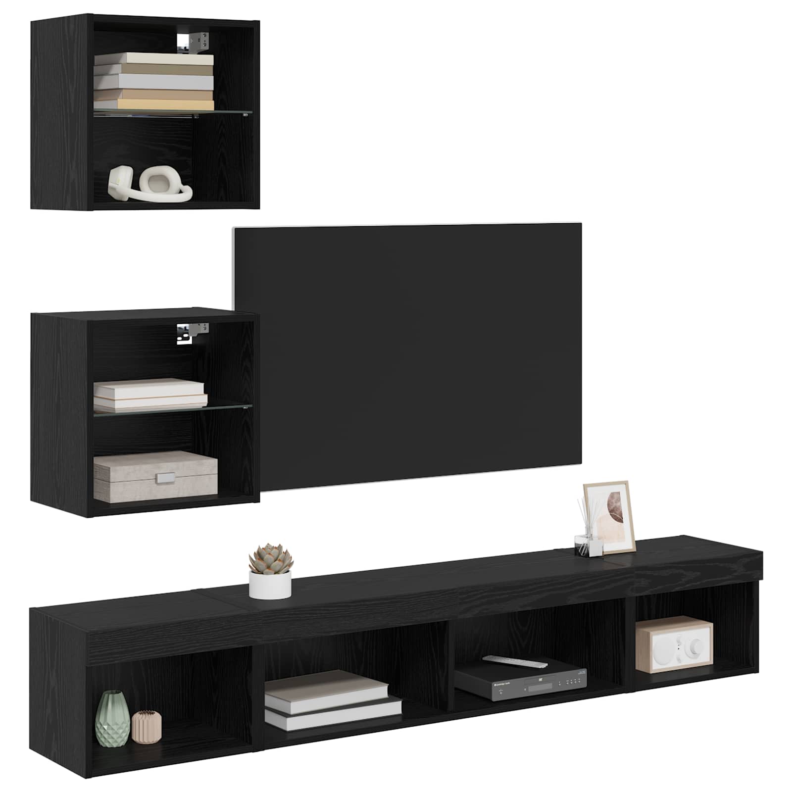 Tv Veggenheter Med Led Med Led 5 Pcs Svart Eik Konstruert Tre