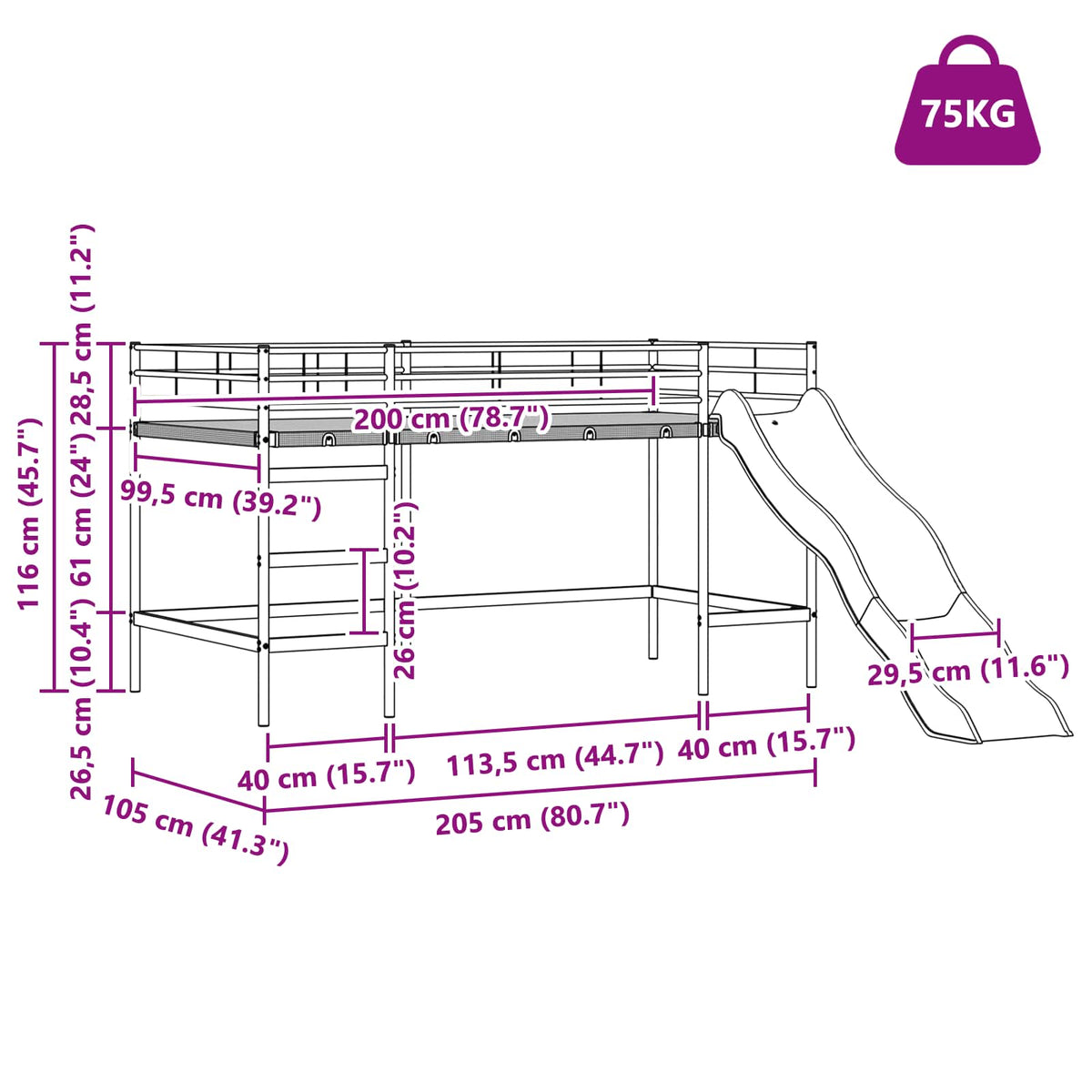 Barneseng Med Sklie Svart Og Anthracite 99,5 X 200 Cm