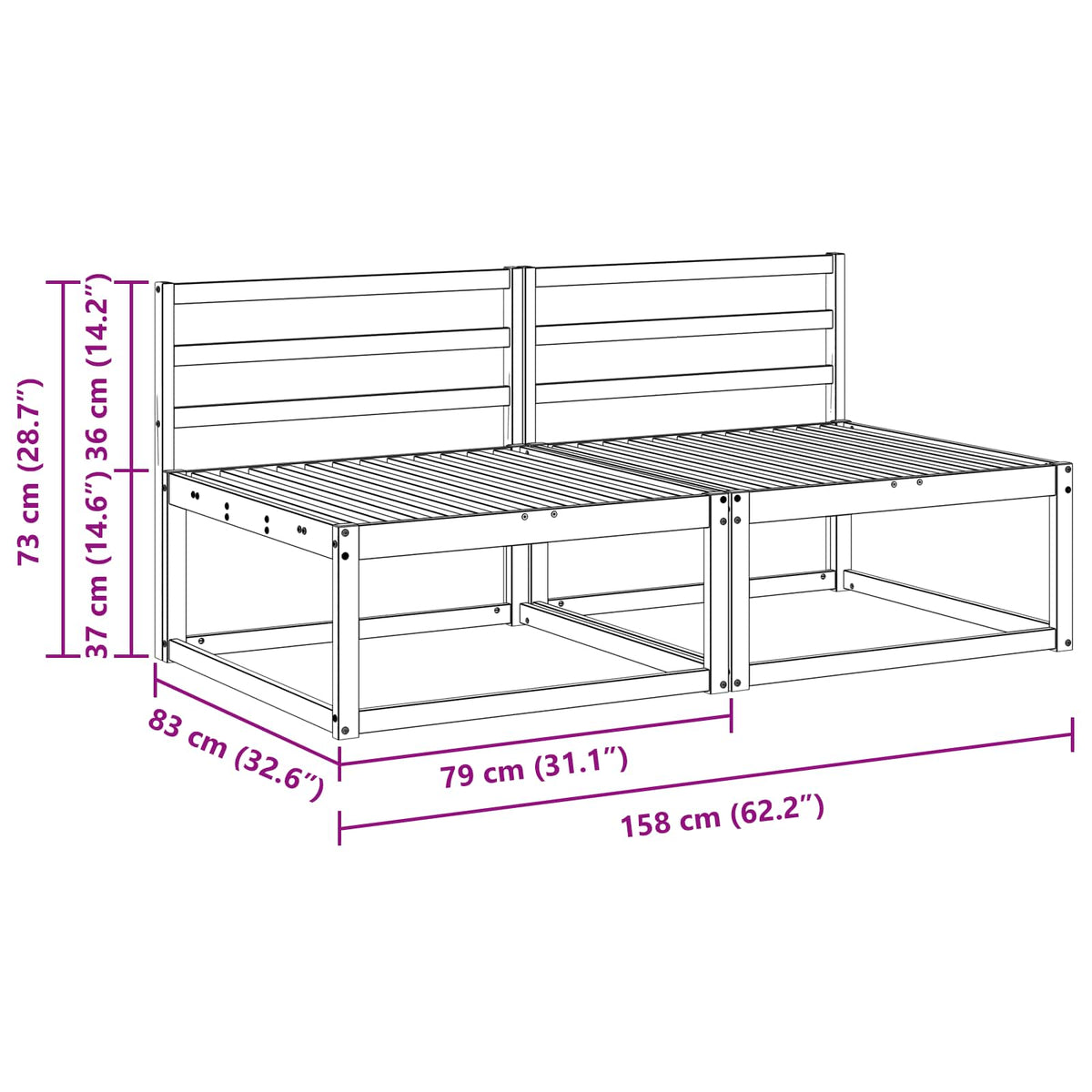 2 Stk Ute Midt Sofa Solid Akasietre Naturlig 158 X 83 X 73 Cm