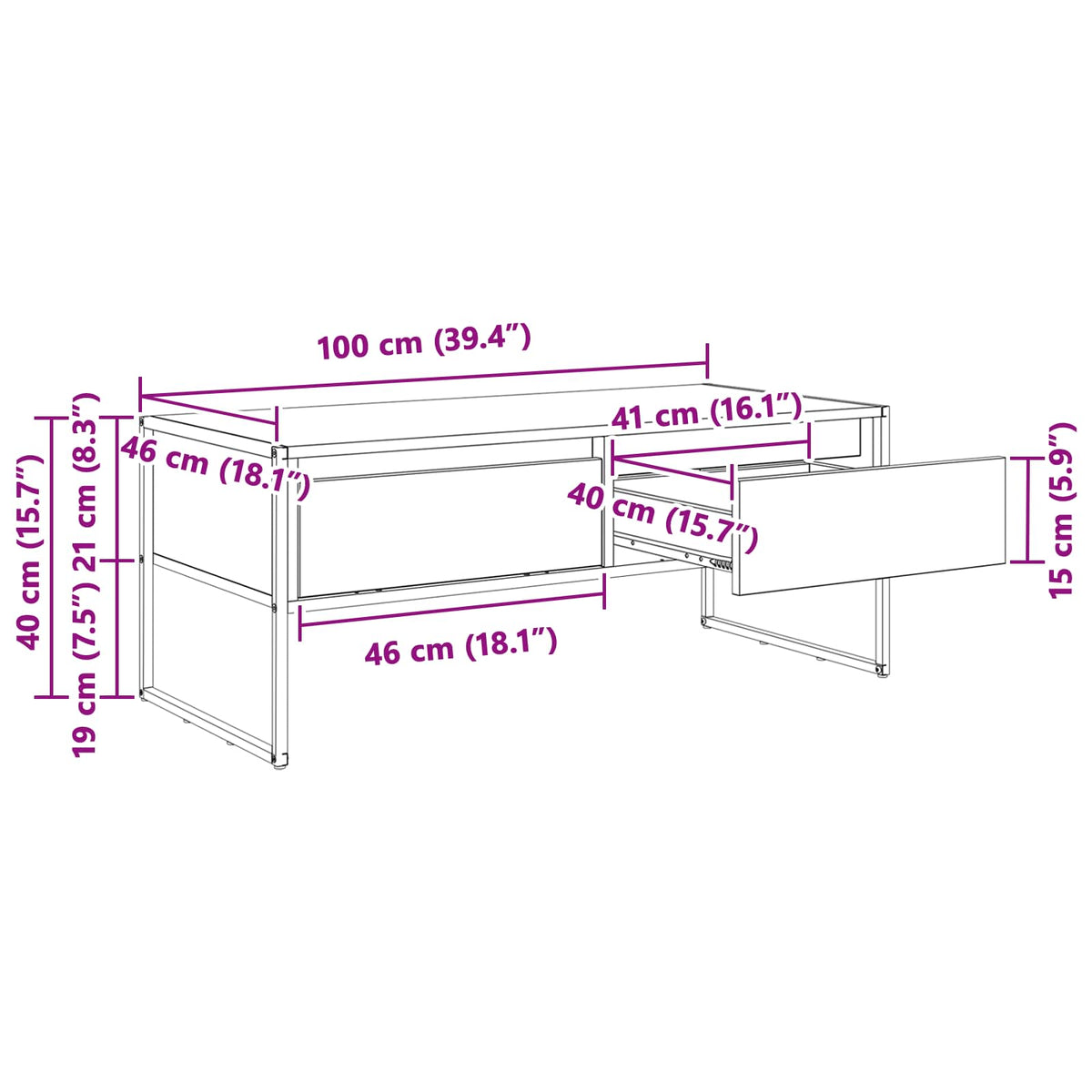 Kaffebord Med Skuff Grå Sonoma 100 X 46 X 40 Cm Konstruert Tre