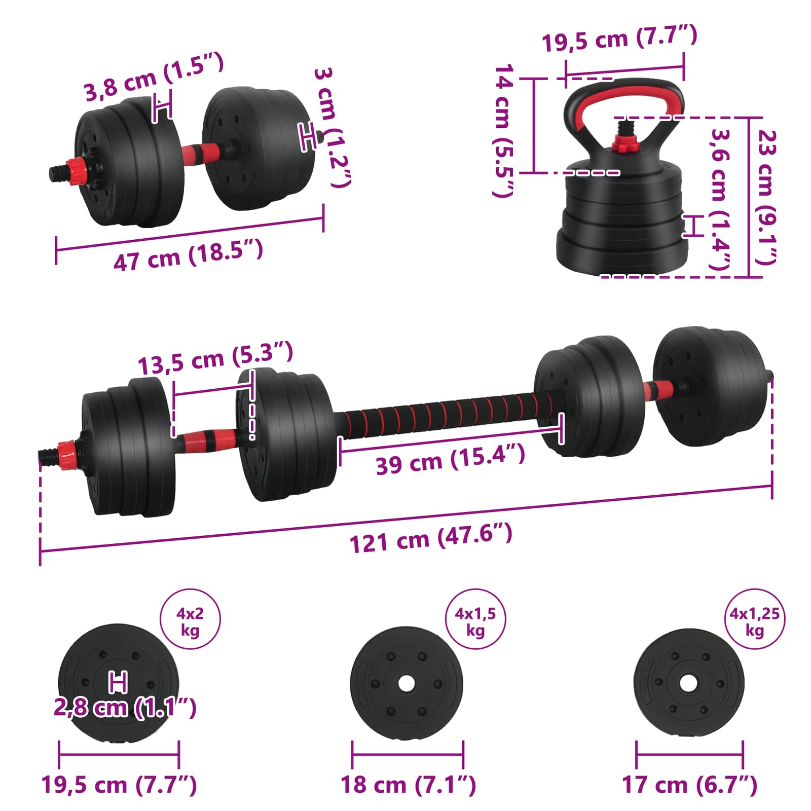 4-I-1 Manual, Vektstang Og Kettlebell Sett 20Kg 20Kg