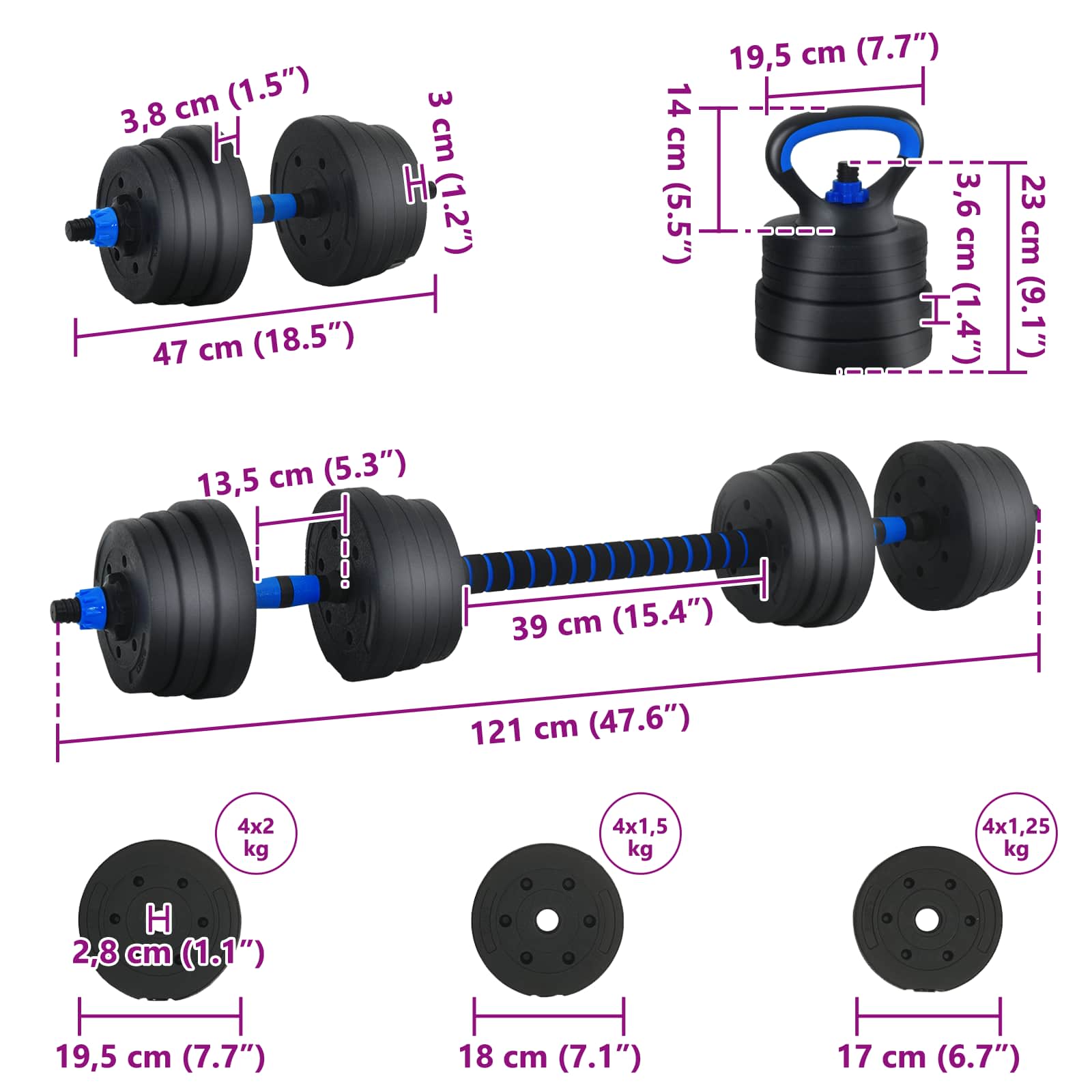 4-I-1 Manual, Vektstang Og Kettlebell Sett 20Kg 20Kg