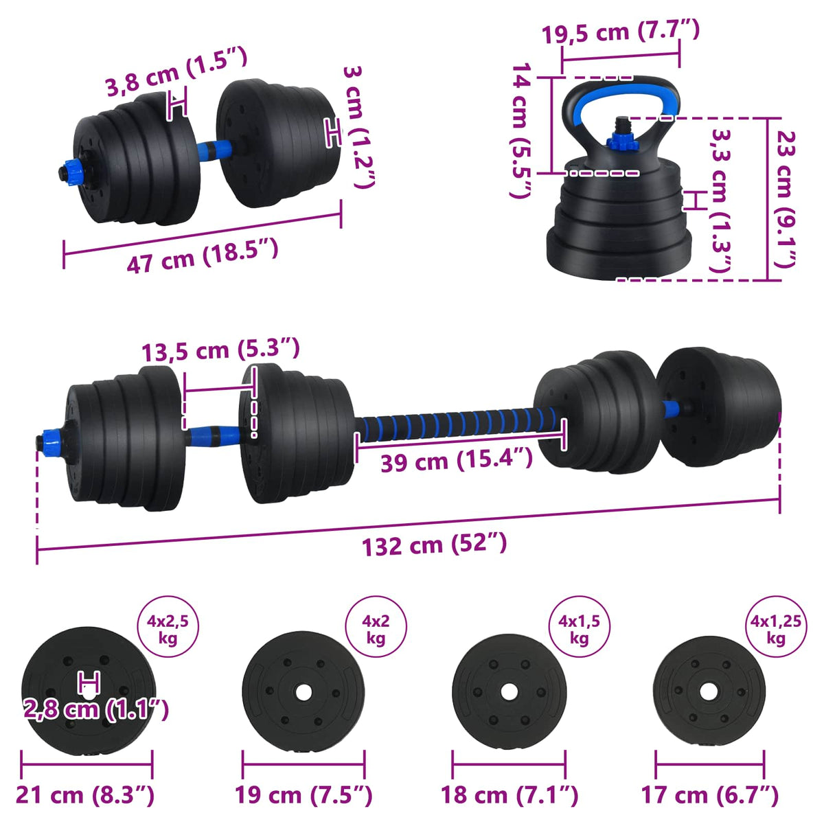 4-I-1 Manual, Vektstang Og Kettlebell Sett 30Kg 30Kg