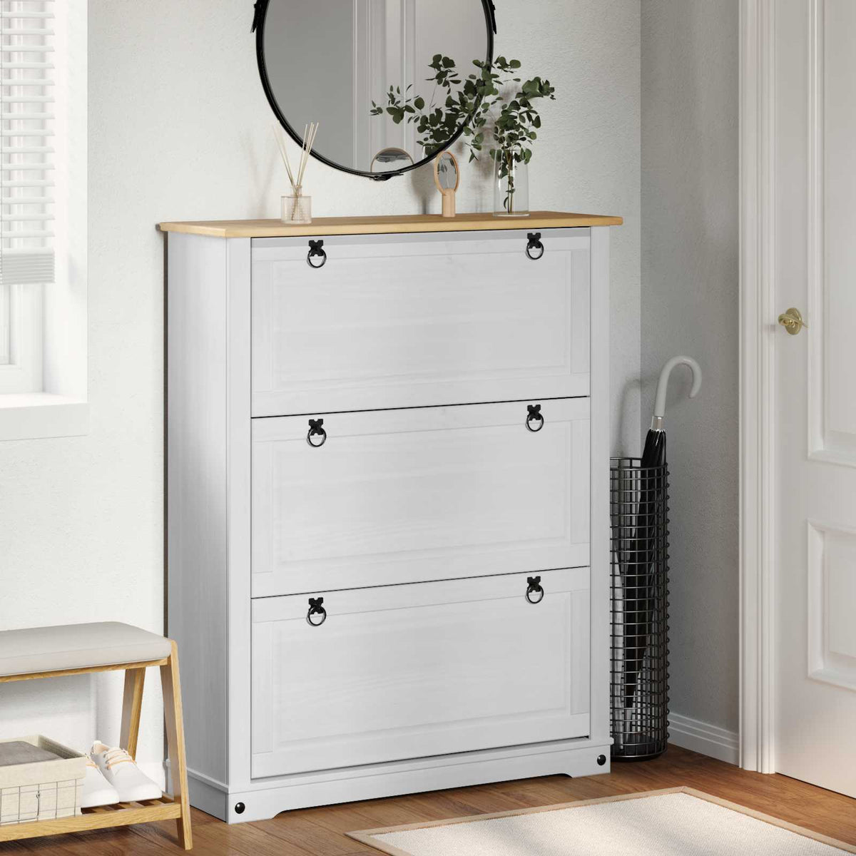 Sko Skap Med Skuff Corona Hvit 99 X 32 X 122 Cm Massiv Furu