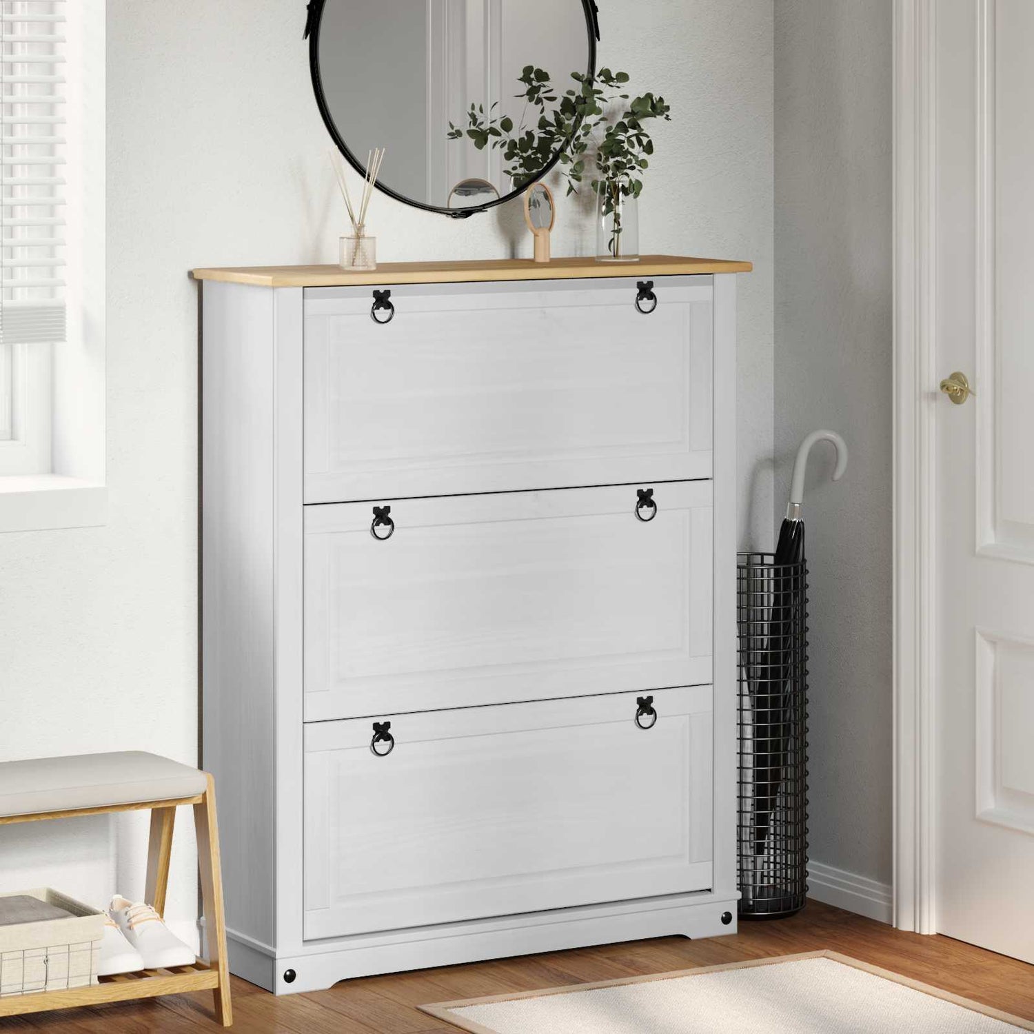 Sko Skap Med Skuff Corona Hvit 99 X 32 X 122 Cm Massiv Furu