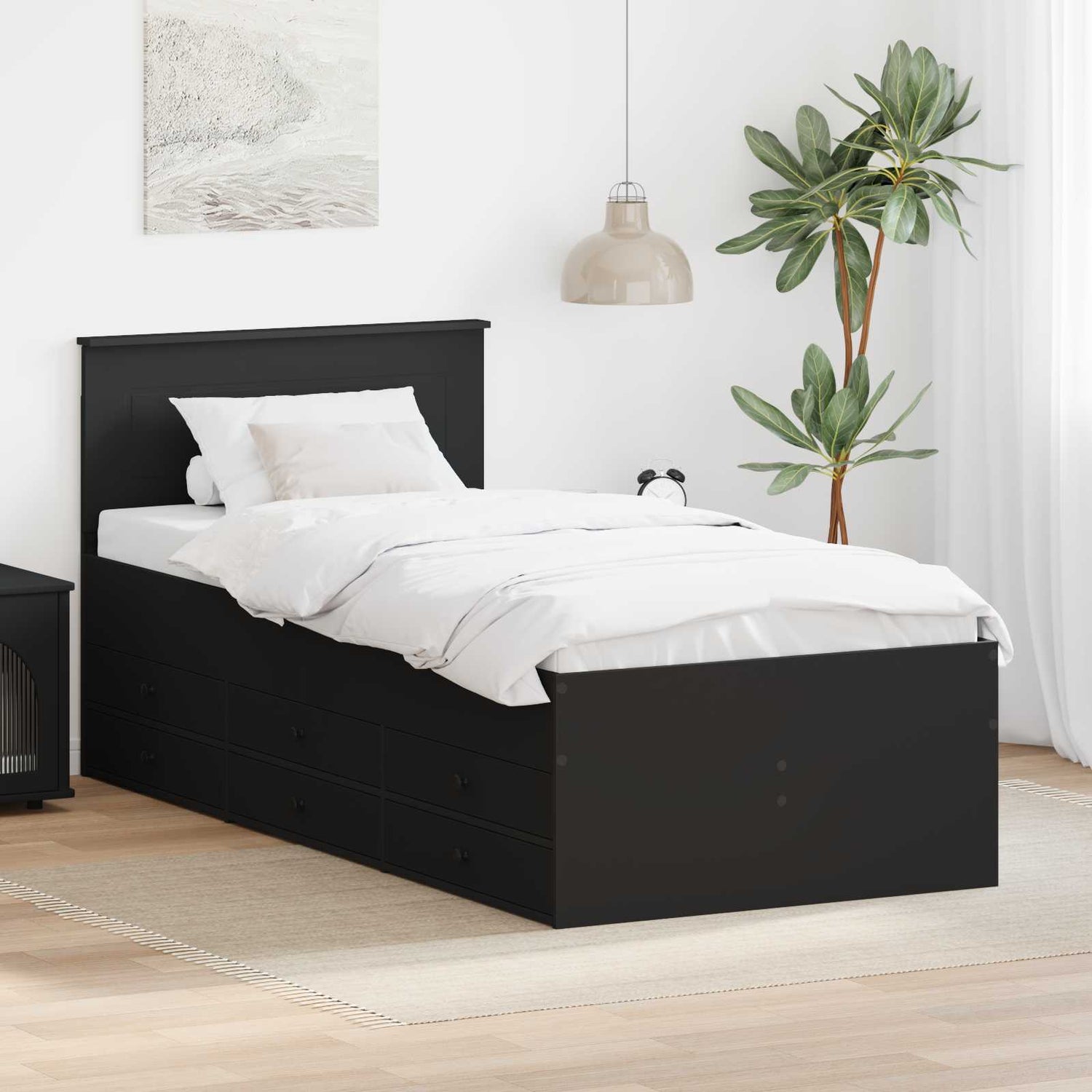Seng Med Skuff Med Hodegjerde Svart 75 X 190 Cm Konstruert Tre