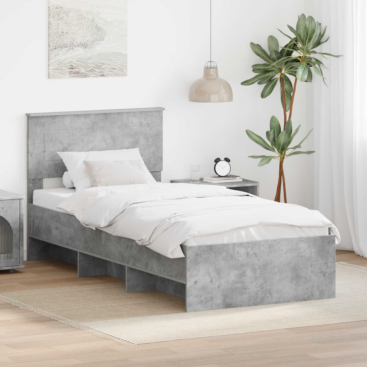 Sengestamme Med Hodegjerde Betonggrå 80 X 200 Cm Konstruert Tre