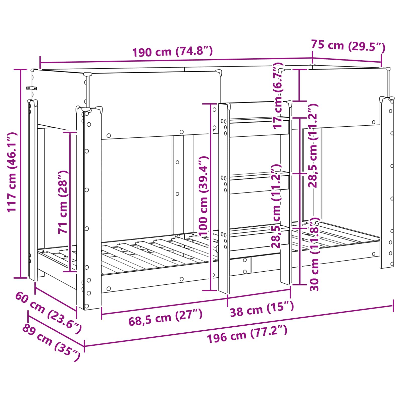 Køyeseng For Barn Svart Eik 75 X 190 Cm Konstruert Tre