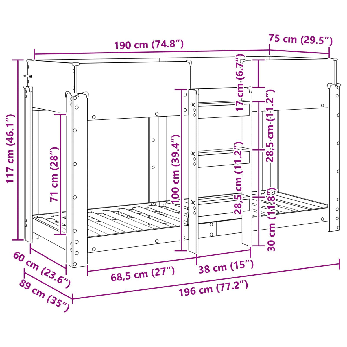 Køyeseng For Barn Sonoma Eik 75 X 190 Cm Konstruert Tre