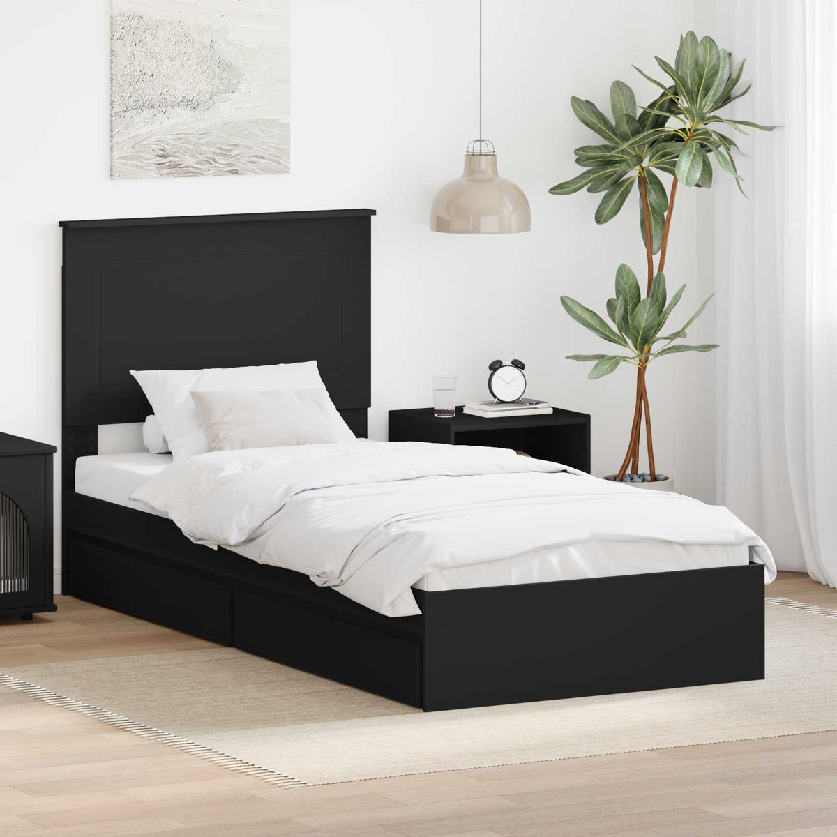 Seng Med Oppbevaring Med Skuff Svart 90 X 190 Cm Konstruert Tre