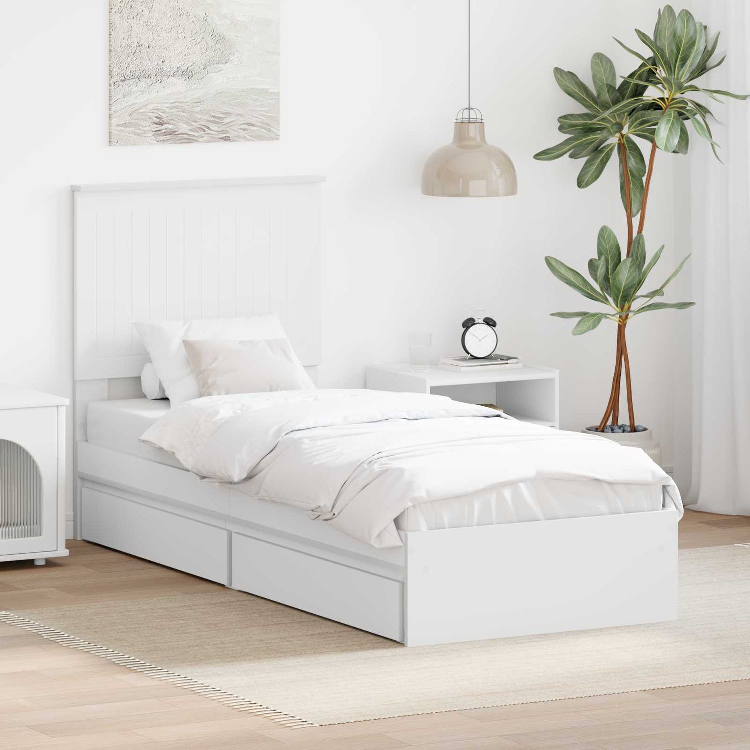 Seng Med Oppbevaring Med Skuff Hvit 75 X 190 Cm Konstruert Tre