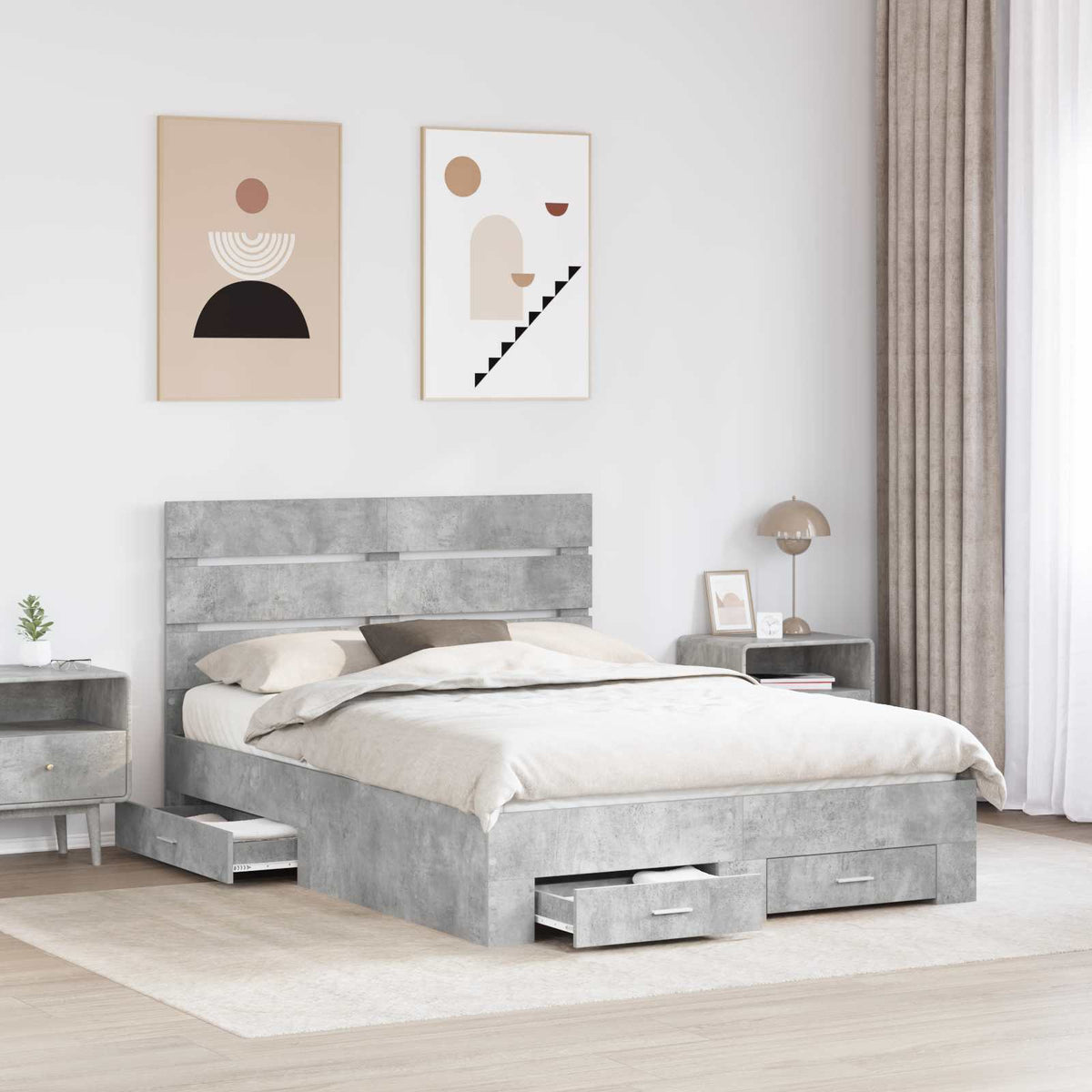 Sengestamme Med Skuff Betonggrå 160 X 200 Cm Konstruert Tre
