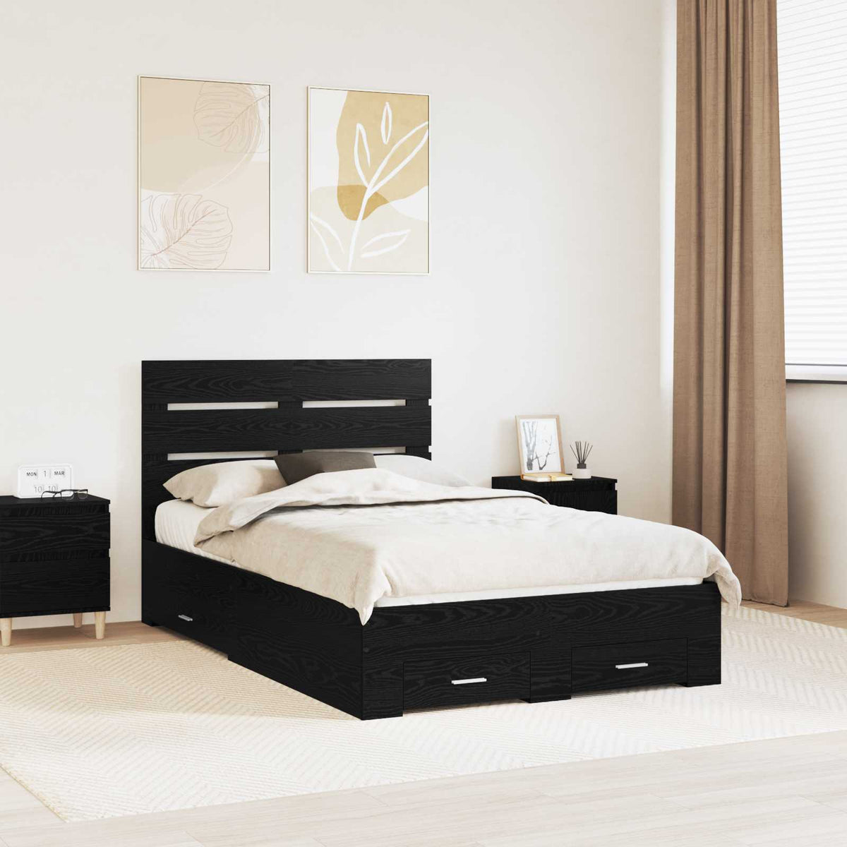 Sengestamme Med Skuff Svart Eik 120 X 190 Cm Konstruert Tre