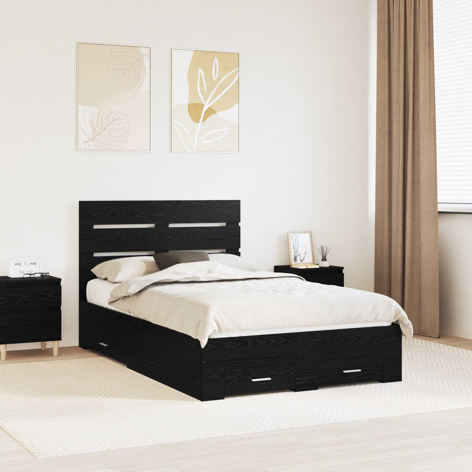 Sengestamme Med Skuff Svart Eik 120 X 190 Cm Konstruert Tre