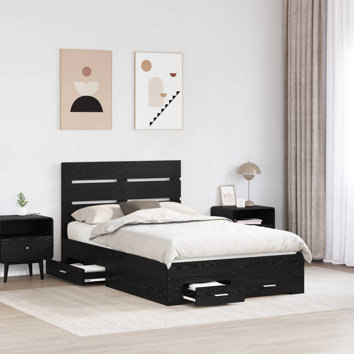Sengestamme Med Skuff Svart Eik 120 X 190 Cm Konstruert Tre