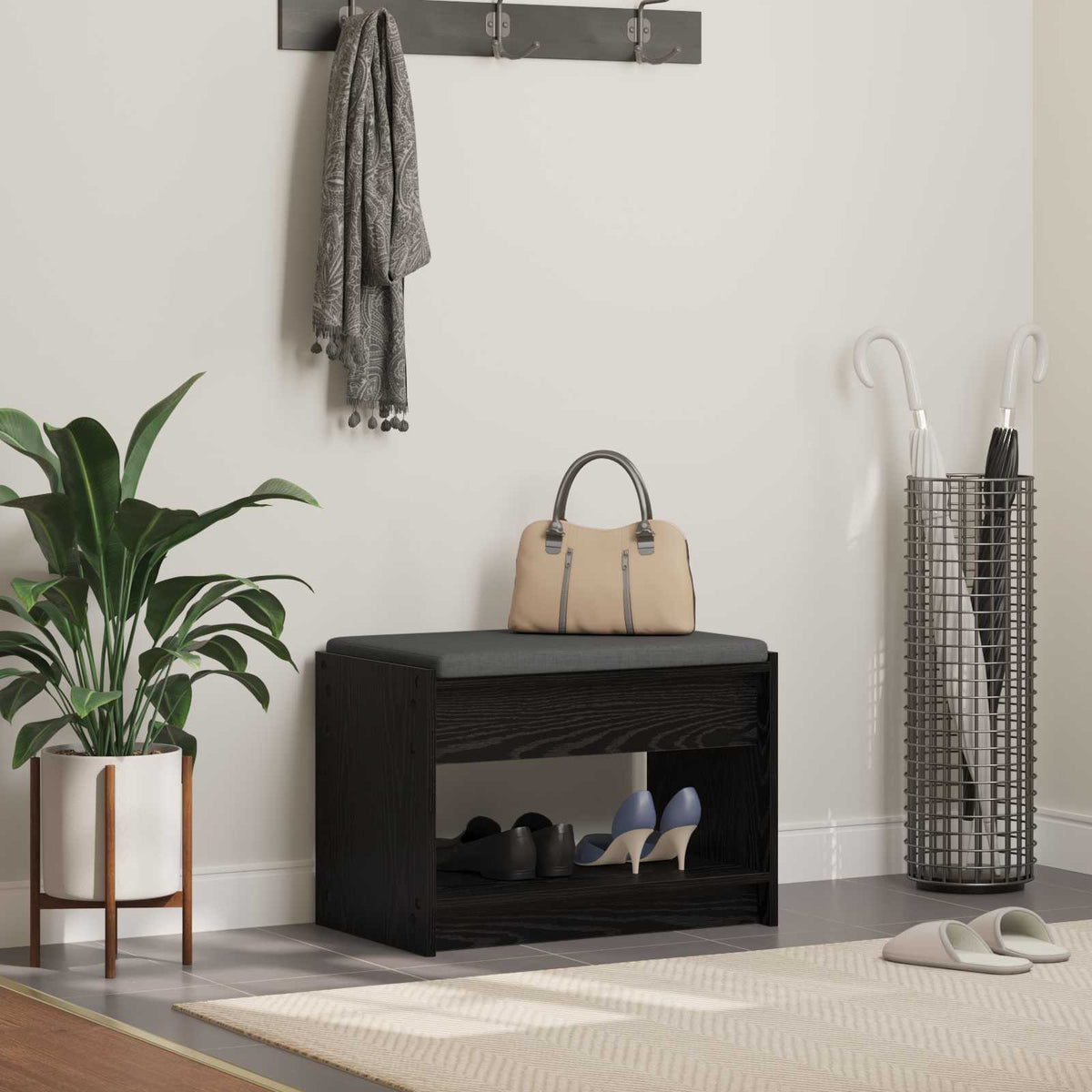 Gangbenk Svart Eik 63 X 38 X 45 Cm Konstruert Treverk Og Stoff