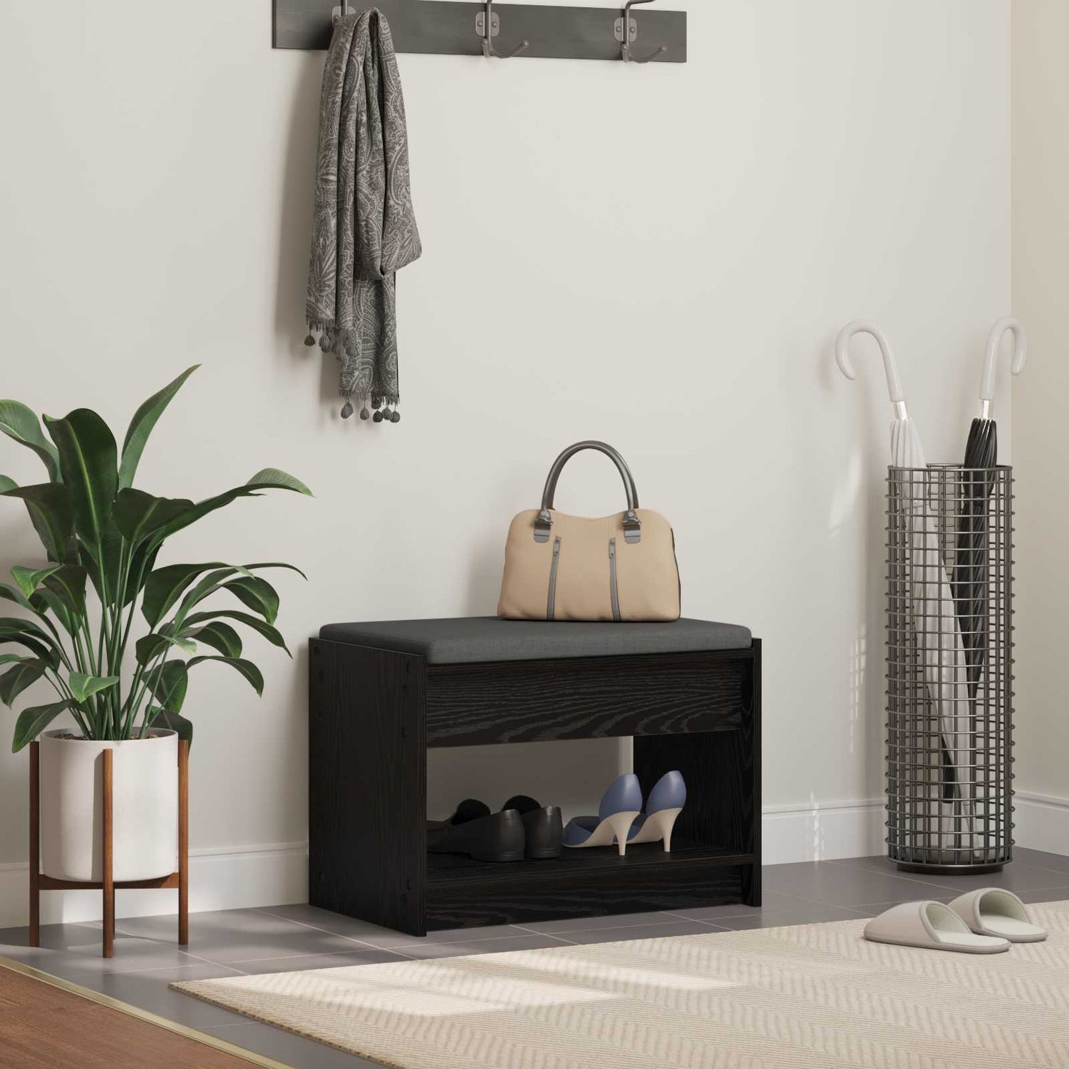 Gangbenk Svart Eik 63 X 38 X 45 Cm Konstruert Treverk Og Stoff