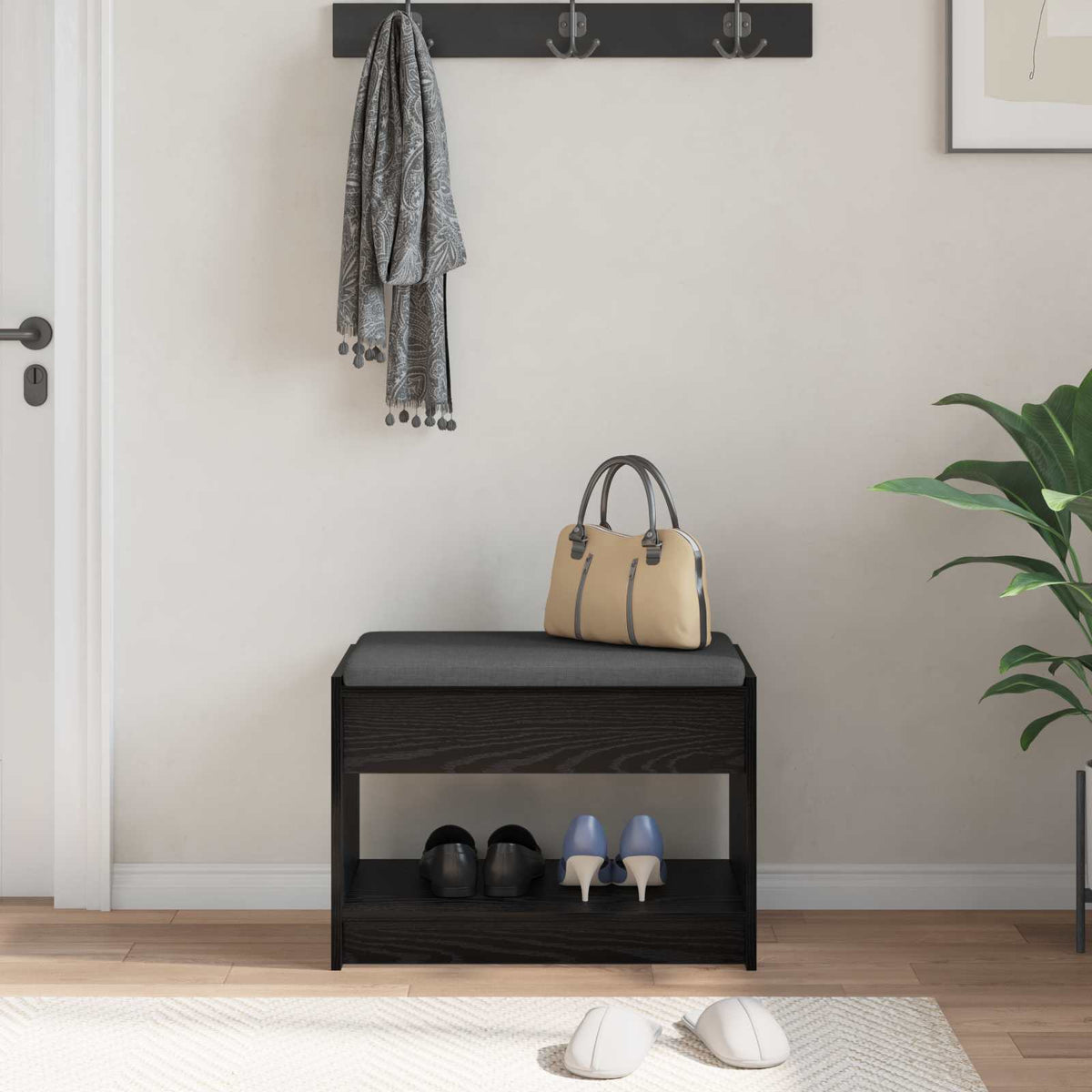 Gangbenk Svart Eik 63 X 38 X 45 Cm Konstruert Treverk Og Stoff