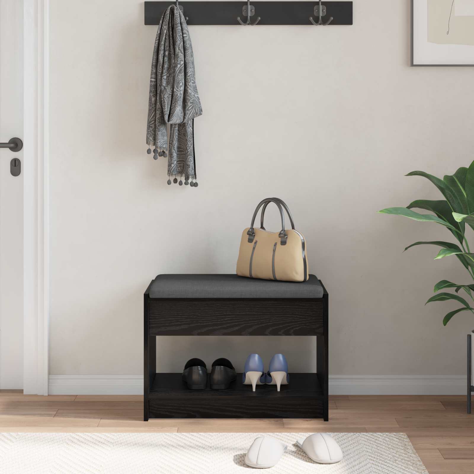 Gangbenk Svart Eik 63 X 38 X 45 Cm Konstruert Treverk Og Stoff