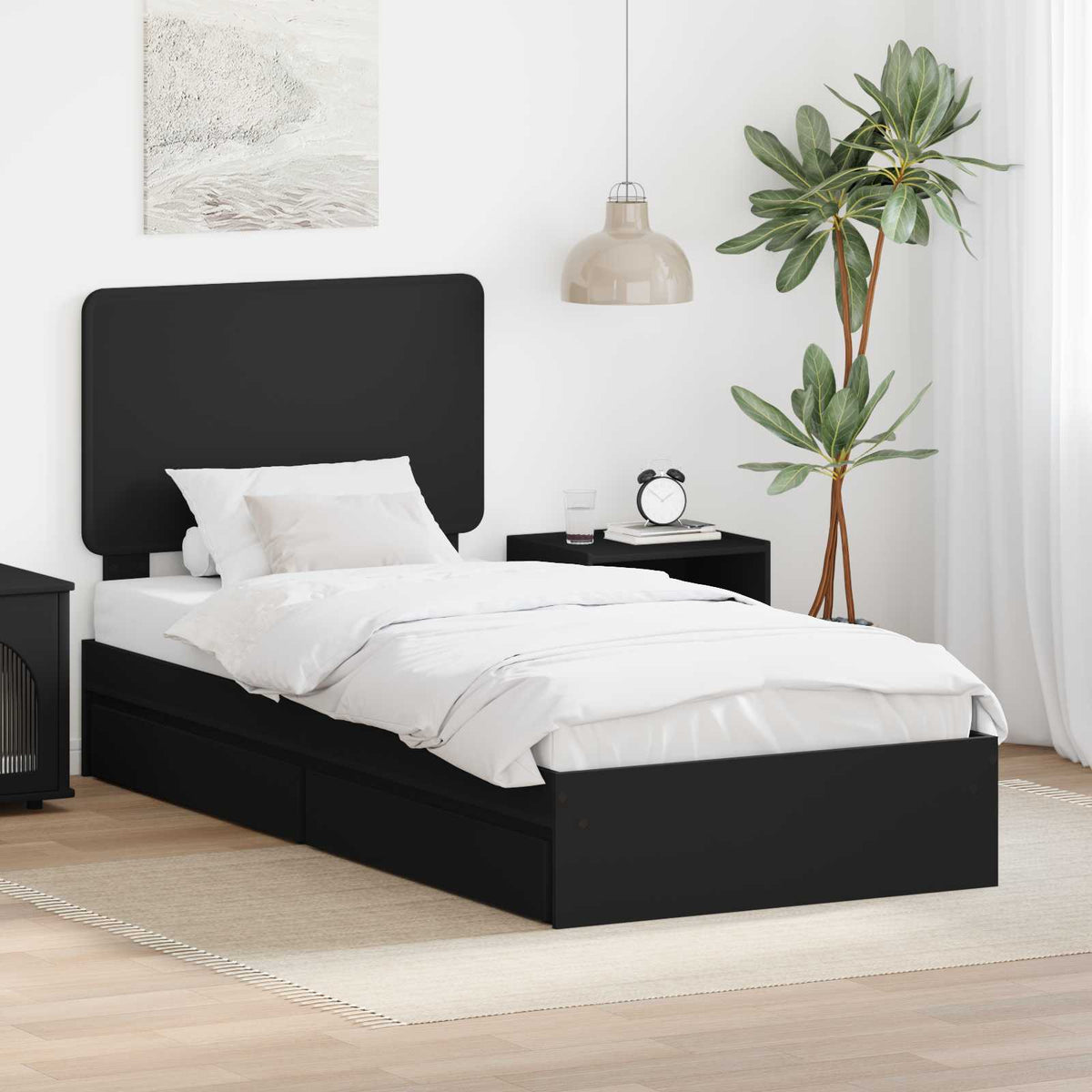 Seng Med Oppbevaring Med Skuff Svart 90 X 190 Cm Konstruert Tre