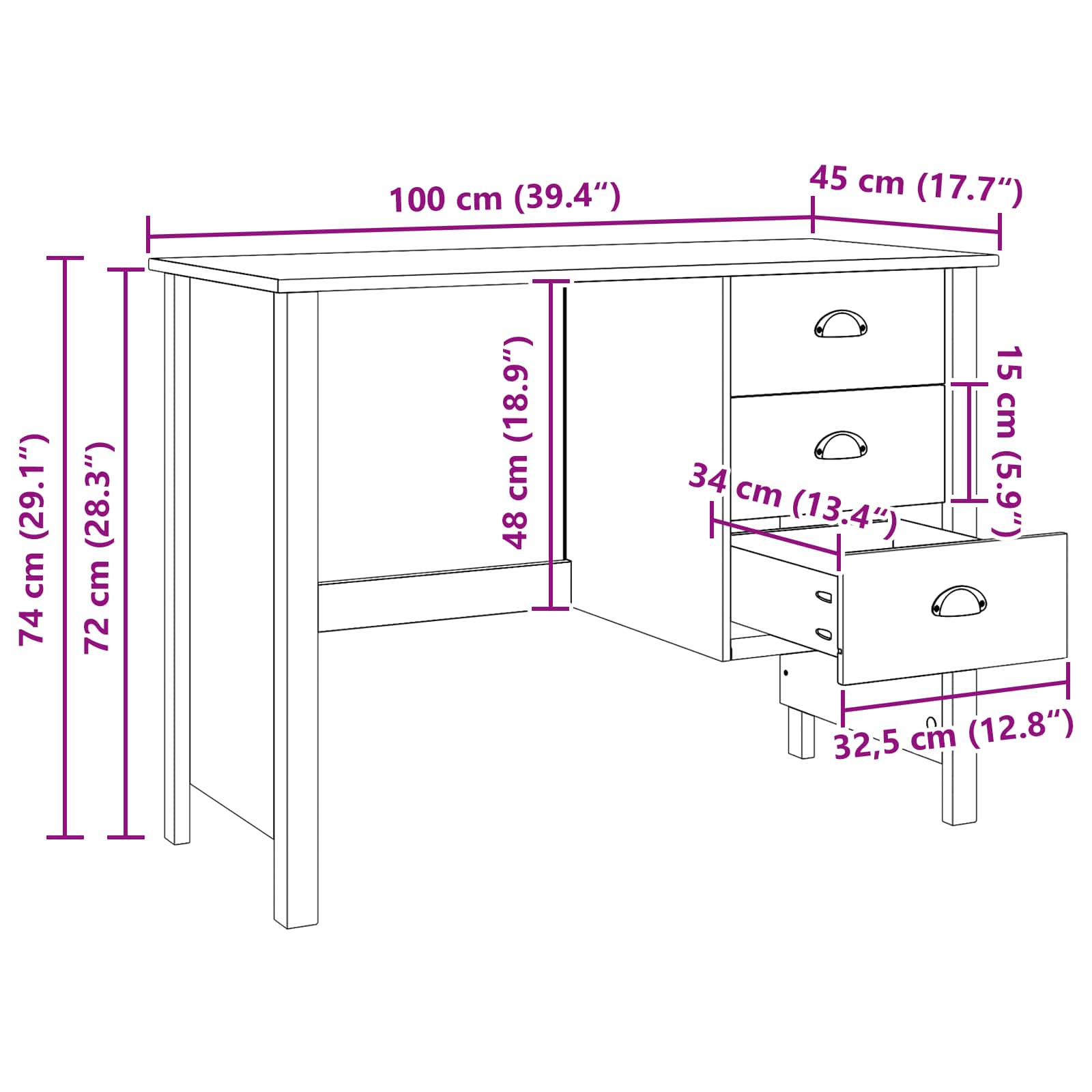 Bord Med Skuffer Honning Brun 100 X 45 X 74 Cm Massiv Furu