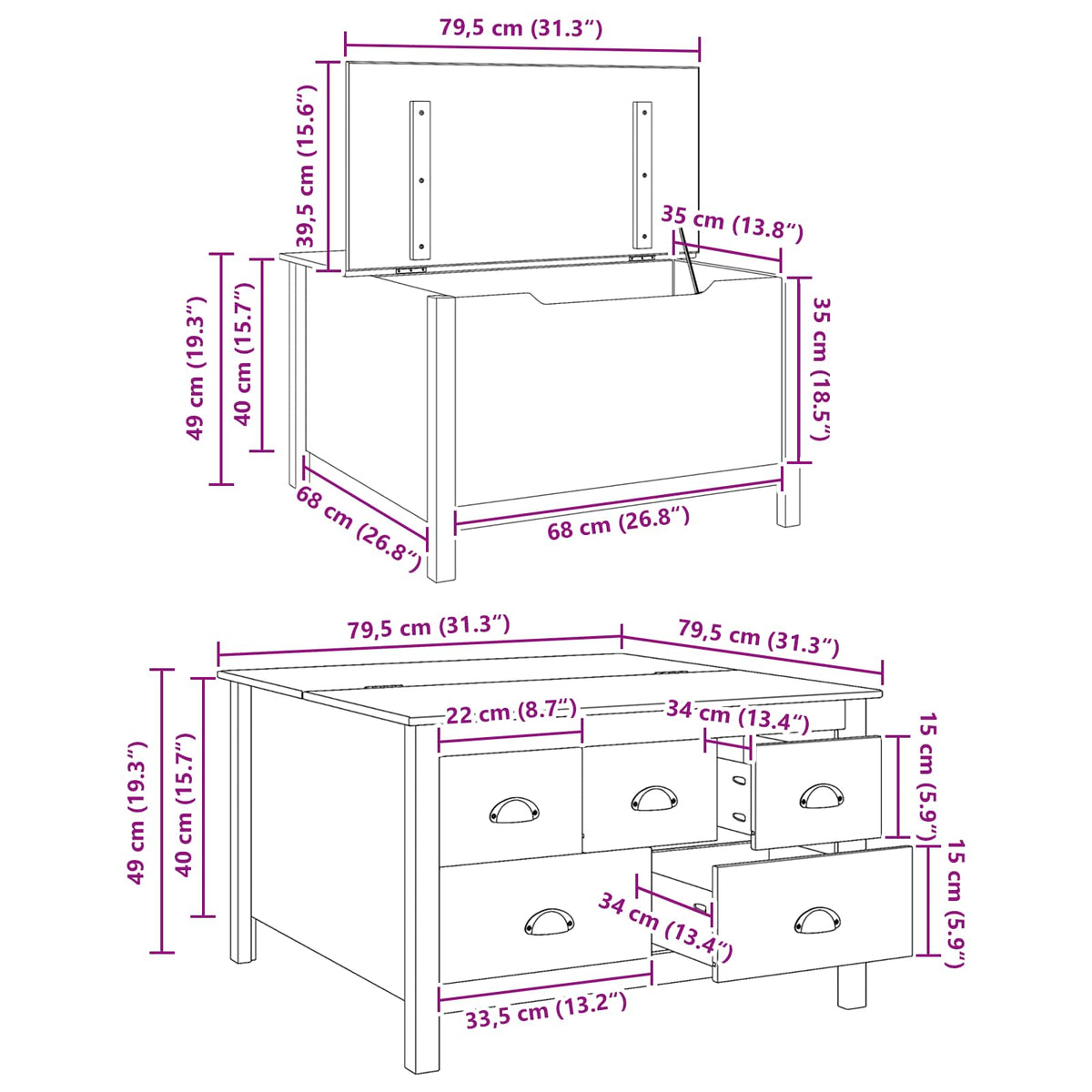 Kaffebord Hvit Og Honningbrun 79.5 X 79.5 X 49 Cm Massiv Furu