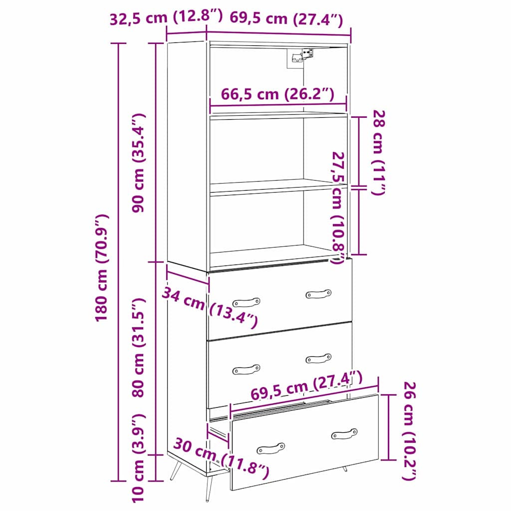 Høyskap Med Skuff Svart Eik 69,5 X 34 X 180 Cm Konstruert Tre