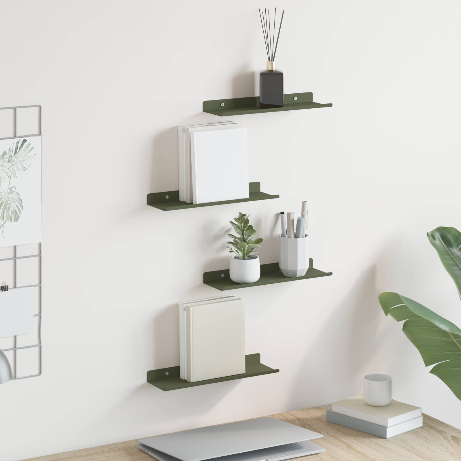 Vegghylle Med Hylle 4 Pcs Olivengrønn 30 X 9 X 2,5 Cm