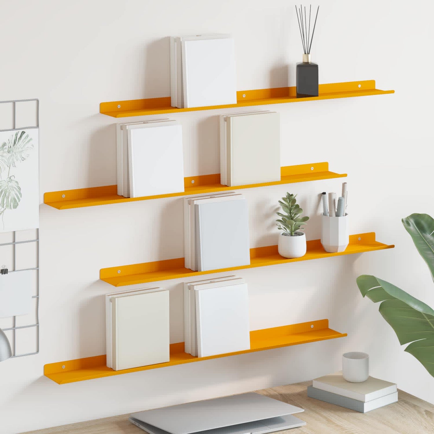 Vegghylle Med Hylle 4 Pcs Sennepsgul 80 X 9 X 2,5 Cm