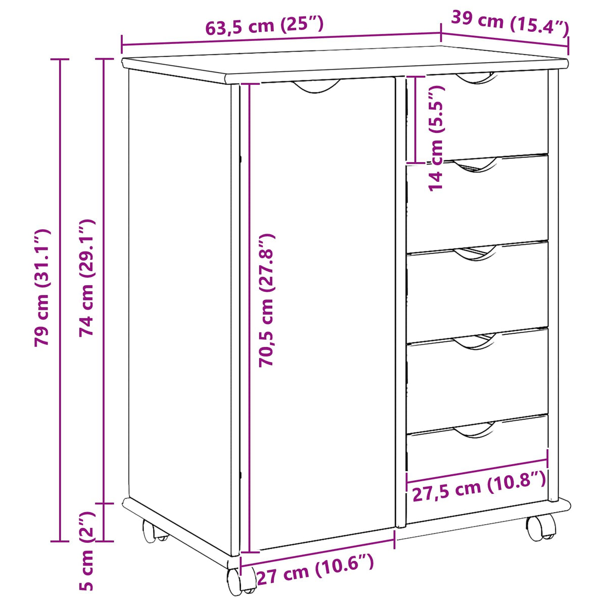Rullende Skap Med Hjul Hvit 63,5 X 39 X 79 Cm Massiv Furu
