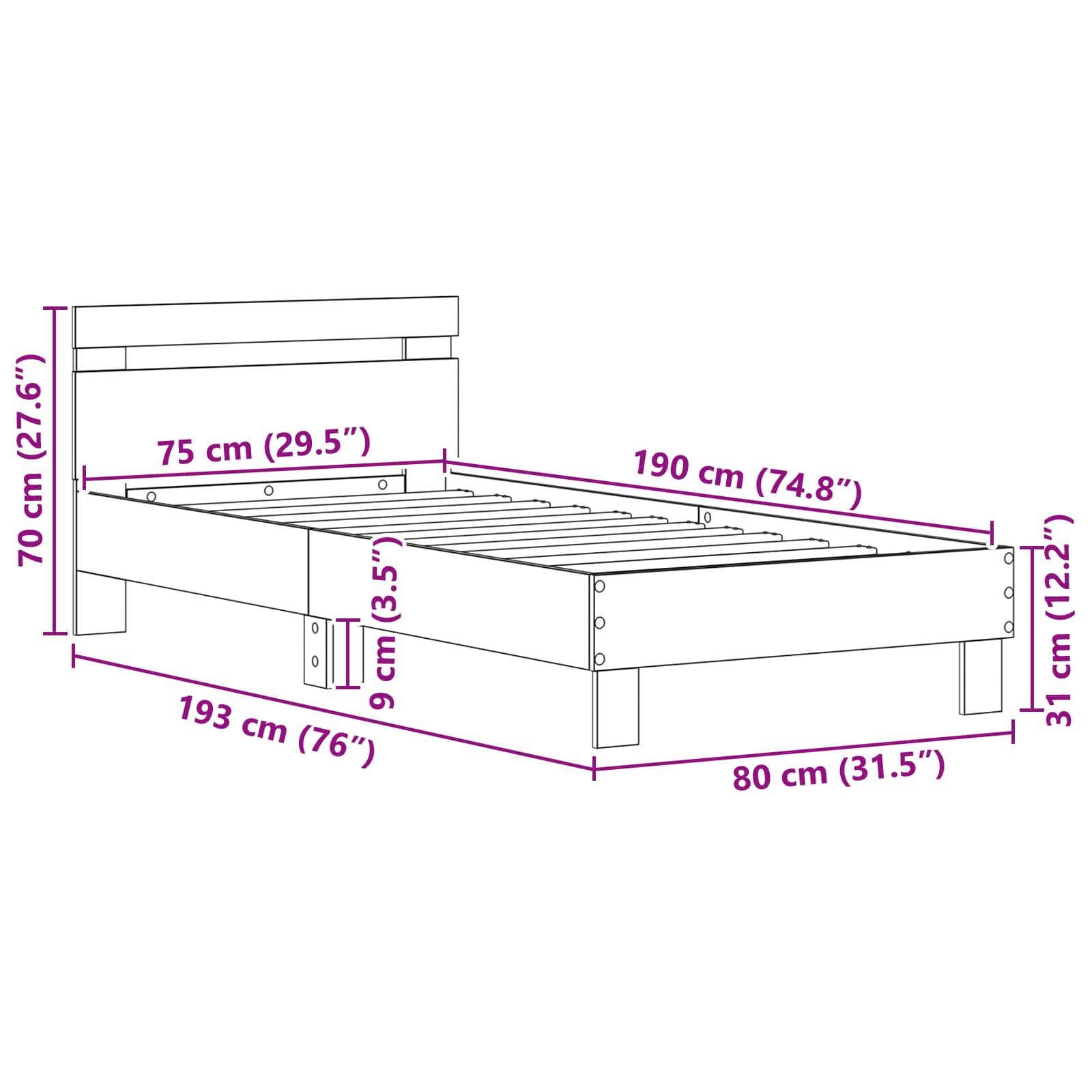 Sengestamme Med Hodegjerde Svart Eik 75 X 190 Cm Konstruert Tre