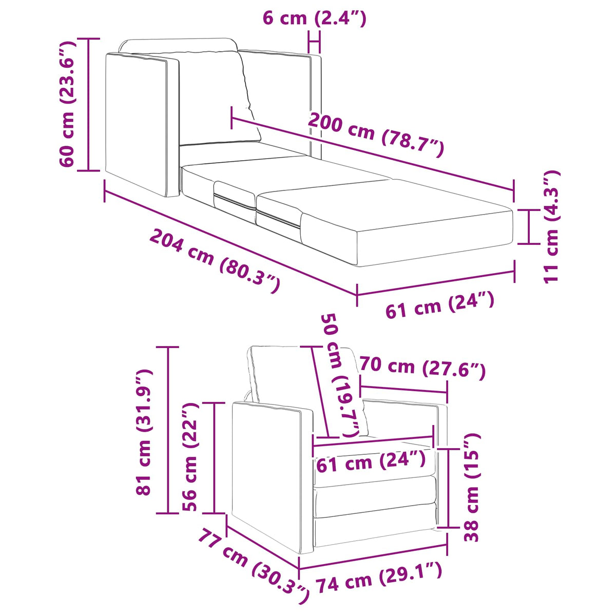 Sammenleggbar Sofa Seng Lysegrå 74 X 77 X 81 Cm Stoff