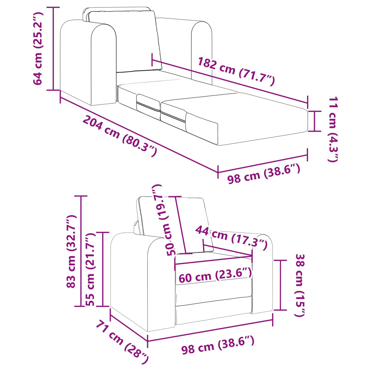 Sammenleggbar Sofa Seng Svart 98 X 71 X 83 Cm Stoff