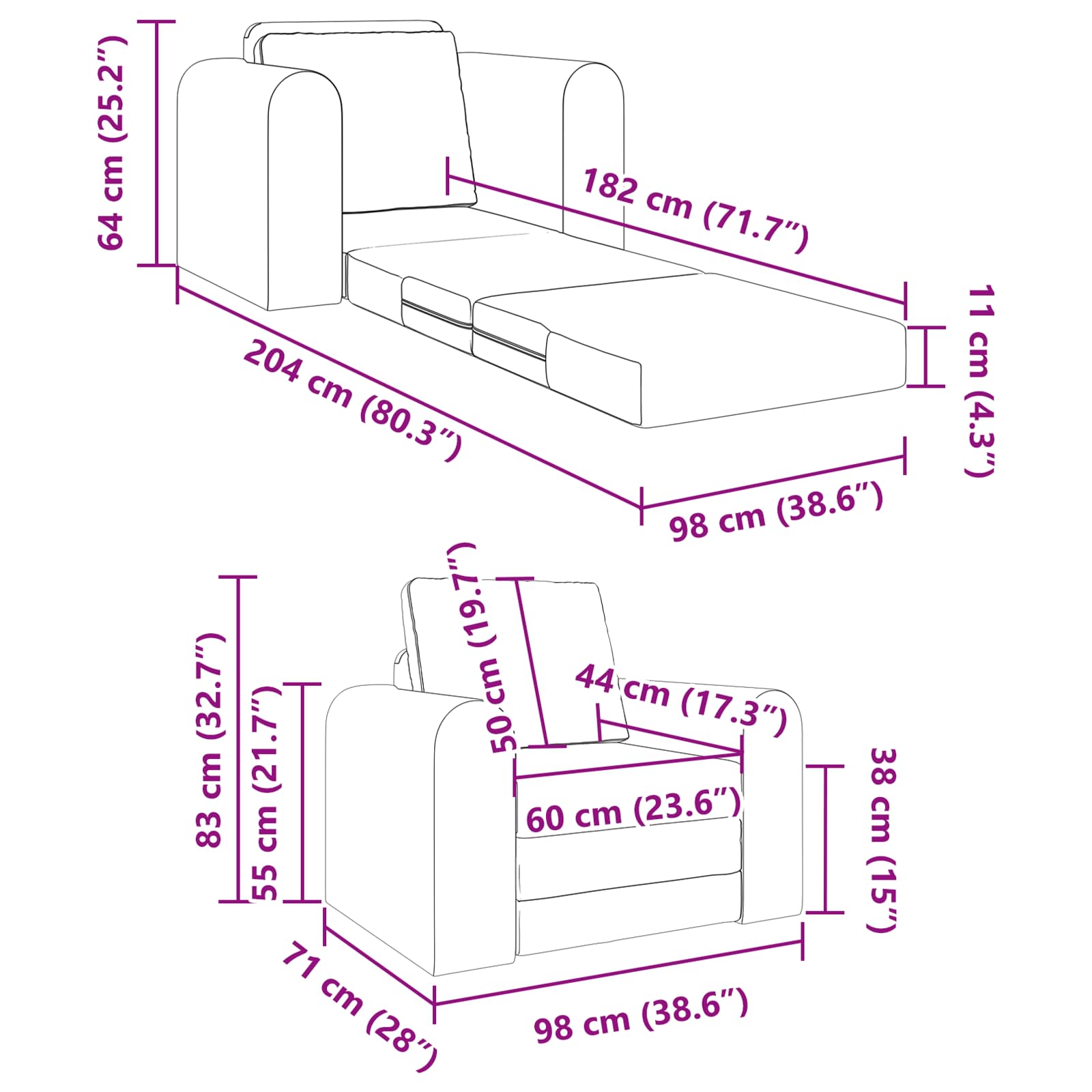 Sammenleggbar Sofa Seng Svart 98 X 71 X 83 Cm Stoff