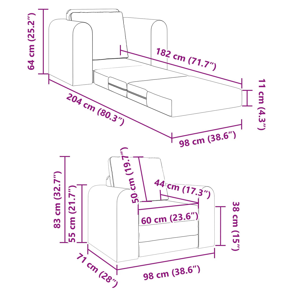 Sammenleggbar Sofa Seng Svart 98 X 71 X 83 Cm Fløyel