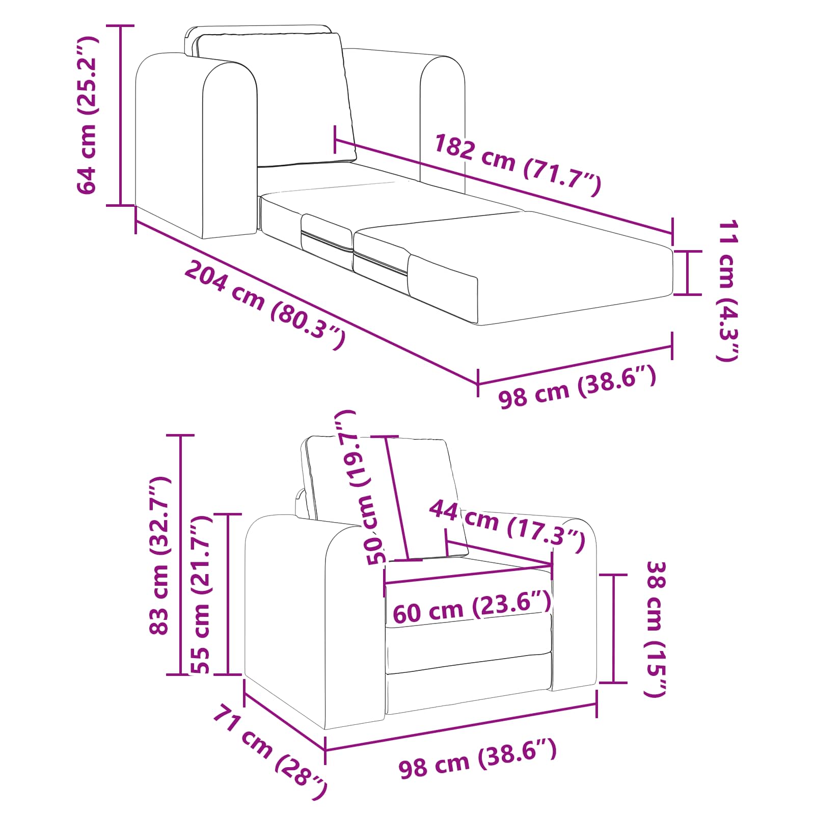 Sammenleggbar Sofa Seng Svart 98 X 71 X 83 Cm Fløyel