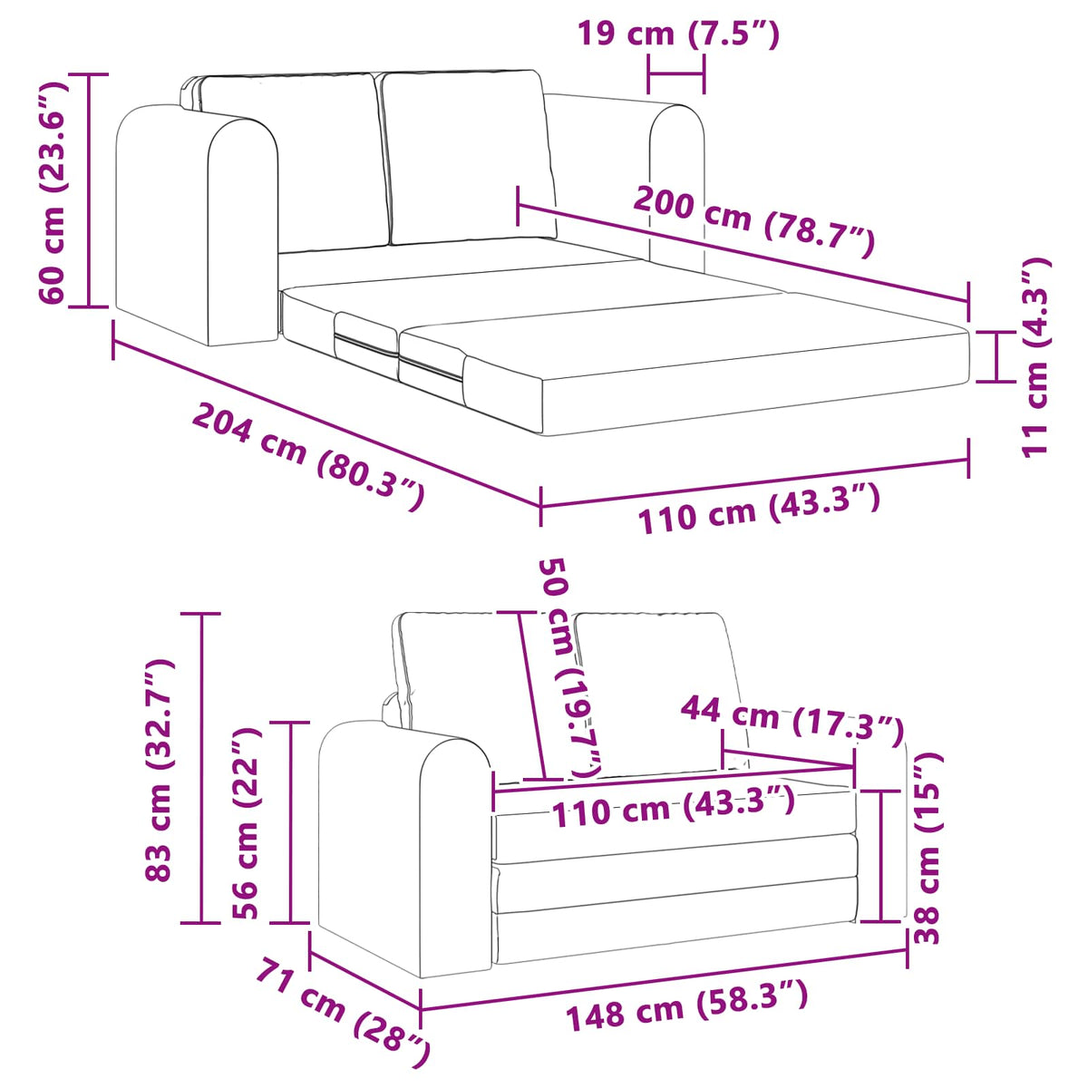 Sammenleggbar Sofa Seng Mørkegrå 148 X 71 X 83 Cm Stoff