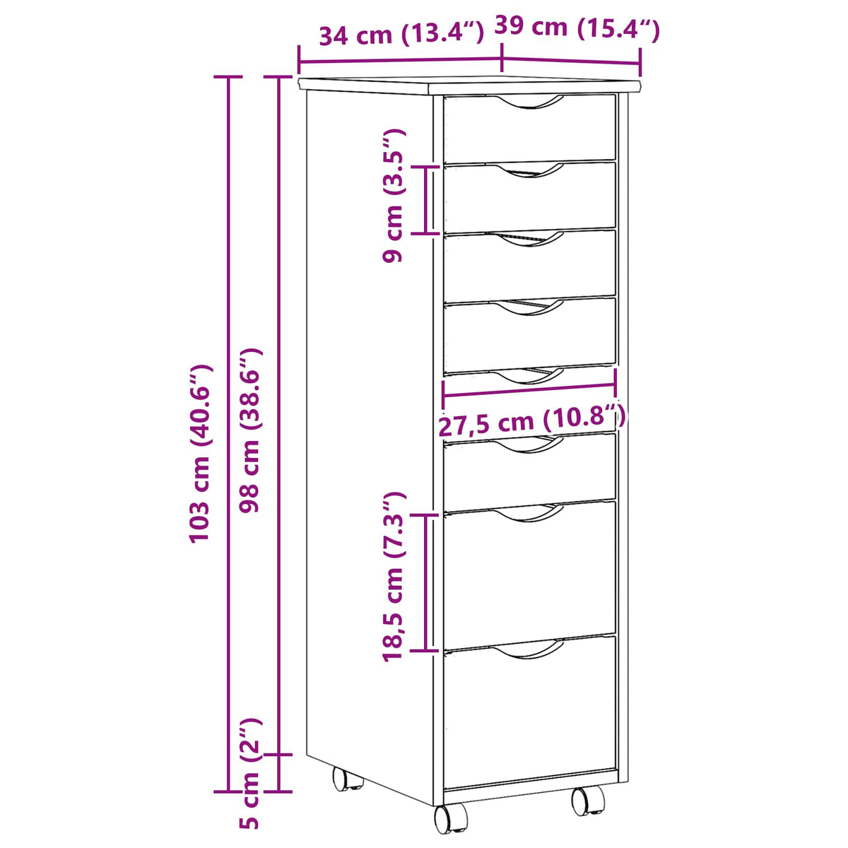 Rullende Skap Med Skuffer Moss Klar Lakk 34 X 39 X 103 Cm